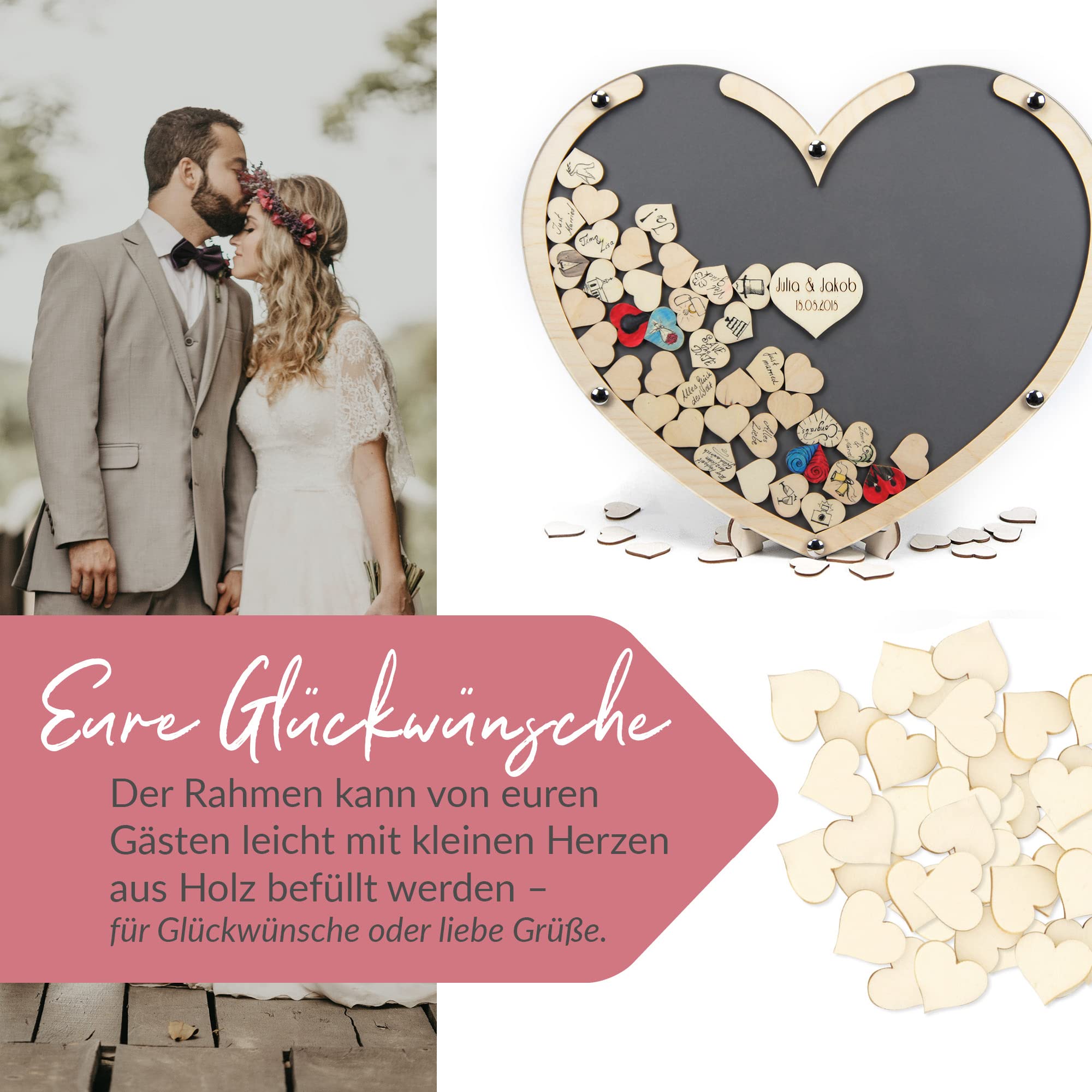 Edles XL Hochzeitsgästebuch, Herzform, Grau, 140 Holz Herzchen - Wunschgravur mit Gravurherz 12 cm