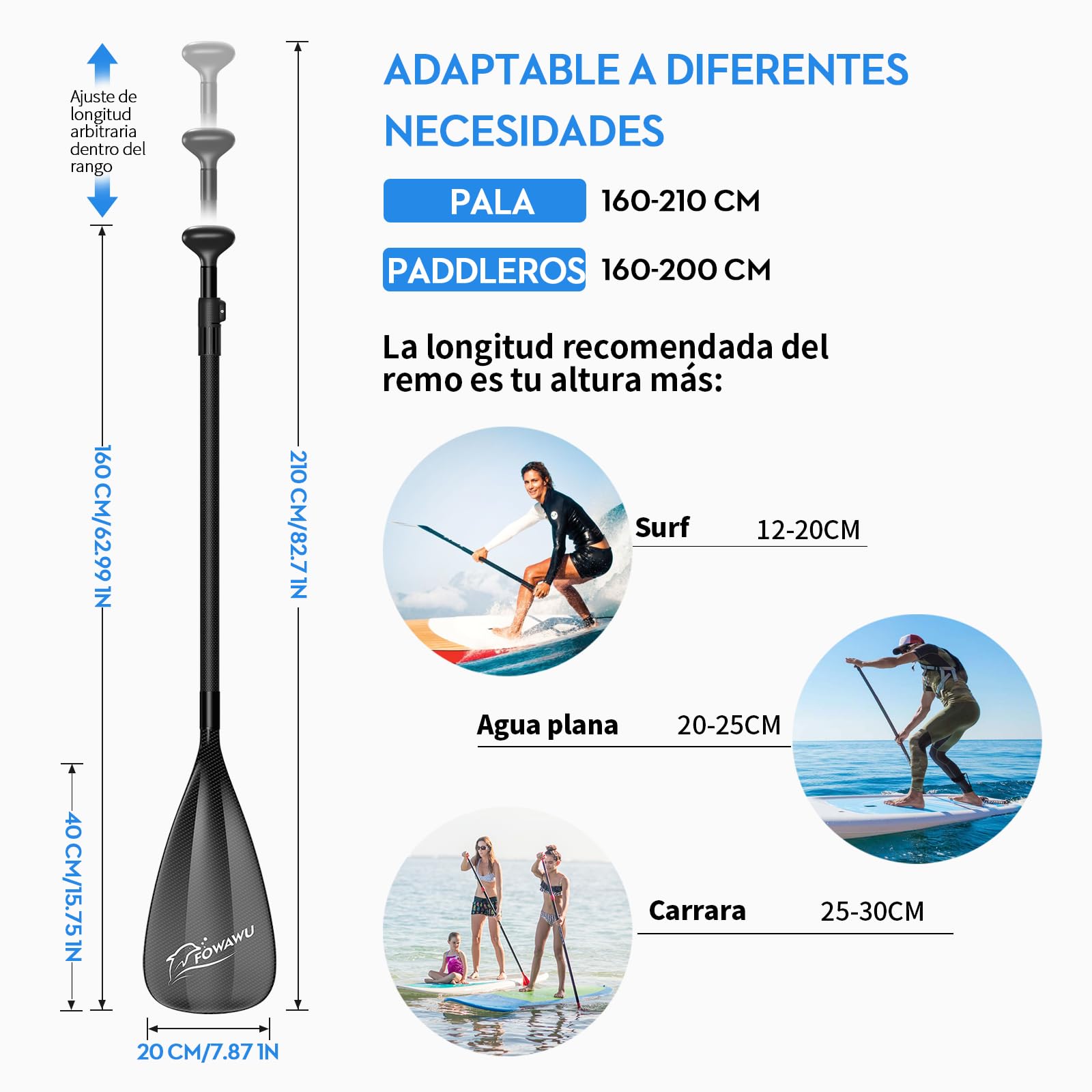 FOWAWU 3-Parte Remo Paddle Surf Semi-Carbono/Carbono Pala Sup Paddle Telescopic 160cm–210cm para Tabla de Surf Canoa Sup, Ligero y Portátil