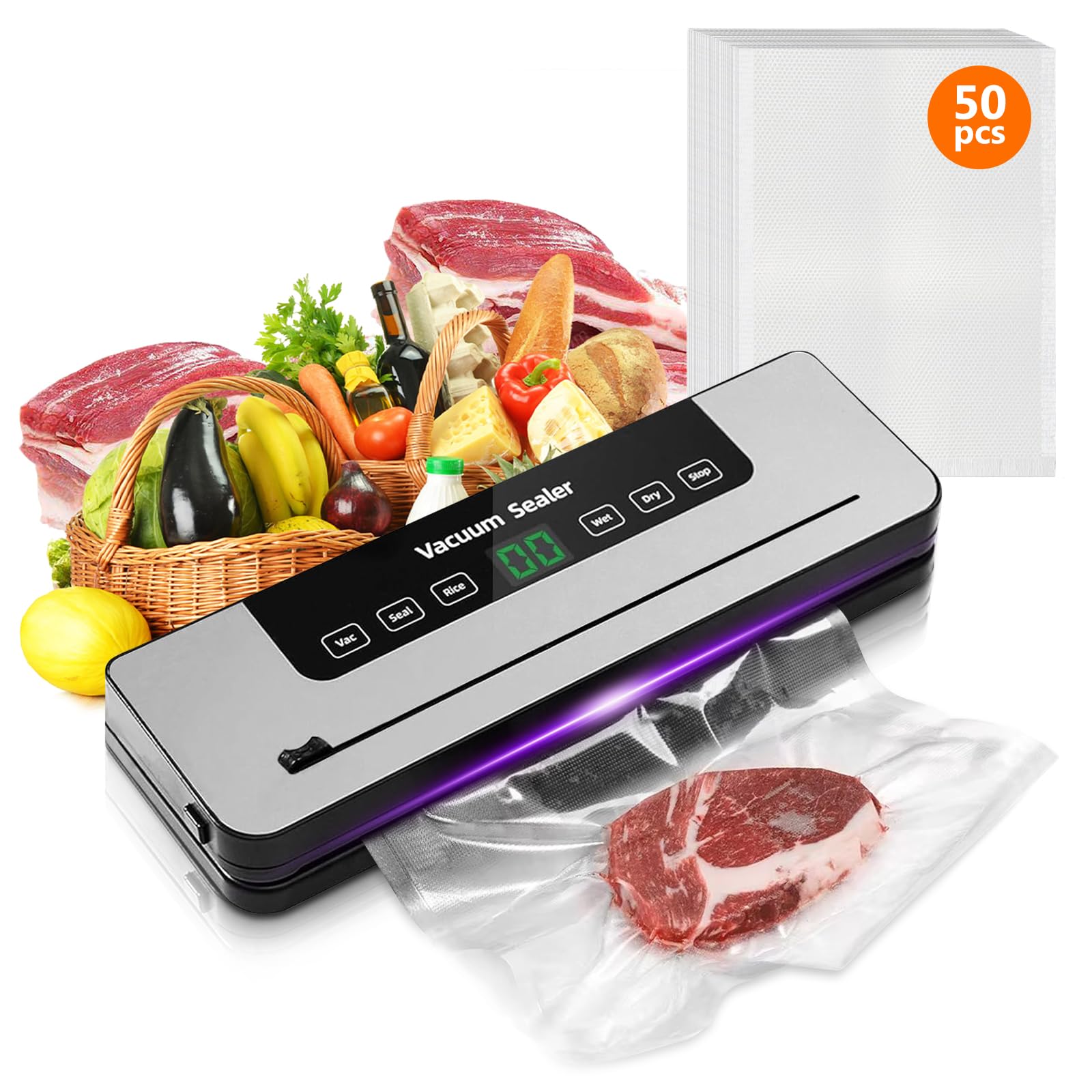 Vacuum Sealer Machine with 50 Vacuum Bags, 6 in 1 Food Vacuum Sealer with Intelligent Display and Built-In Cutter, for Keeping Meat Vegetables Snacks Fruits Grains Fresh