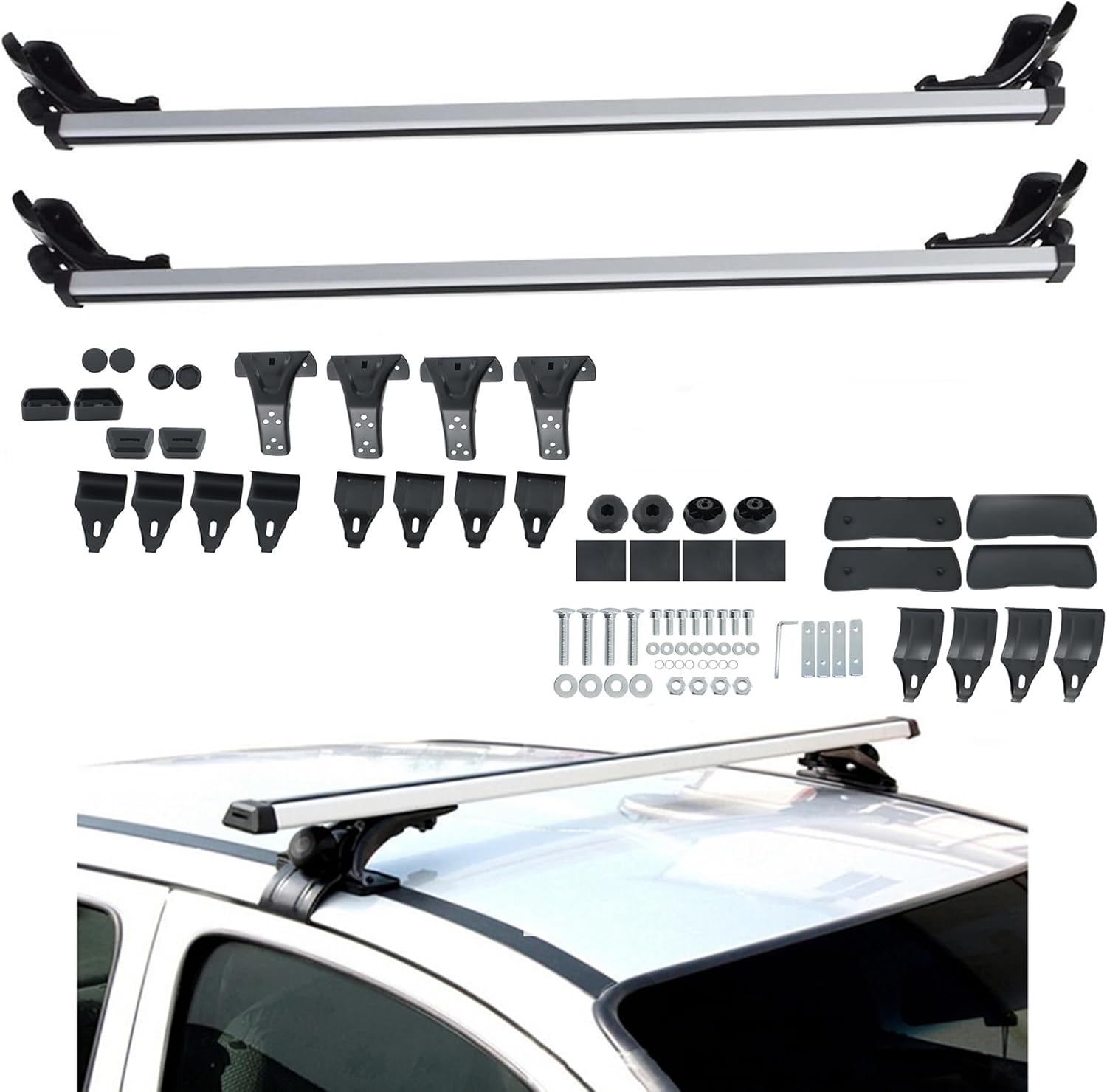 48 Inch Universal Car Top Roof Cross Bar Luggage Cargo Rack with 3 Kinds Clamp Silver Aluminum