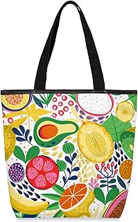 Sacolas de lona com zíper e bolso interno, bolsa de ombro casual feminina bolsa de mão banana colorida limão, bolsas de compras reutilizáveis para cozinha bolsas de lona para uso para livros, sacolas de compras, sacolas de presente, Multicor