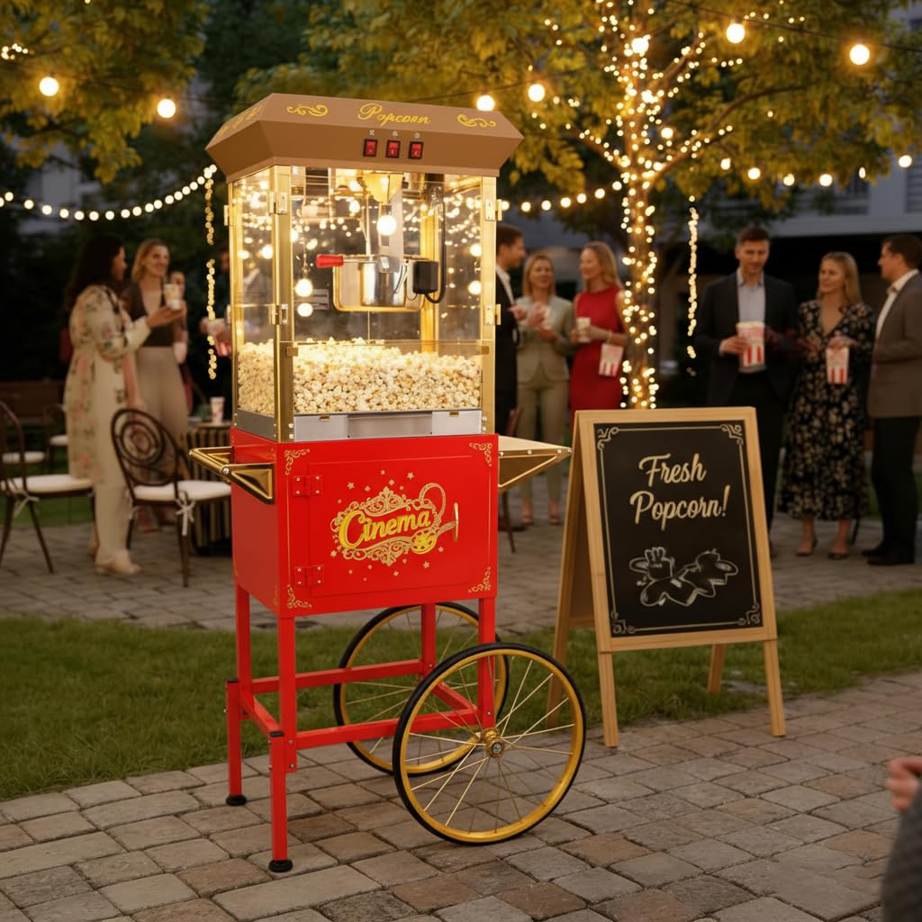 Large Popcorn Machine with Cart: 16 Oz Vintage Commercial Popcorn Maker Movie Theater Style Makes Up to 64 Cups for Home Party Office, Red