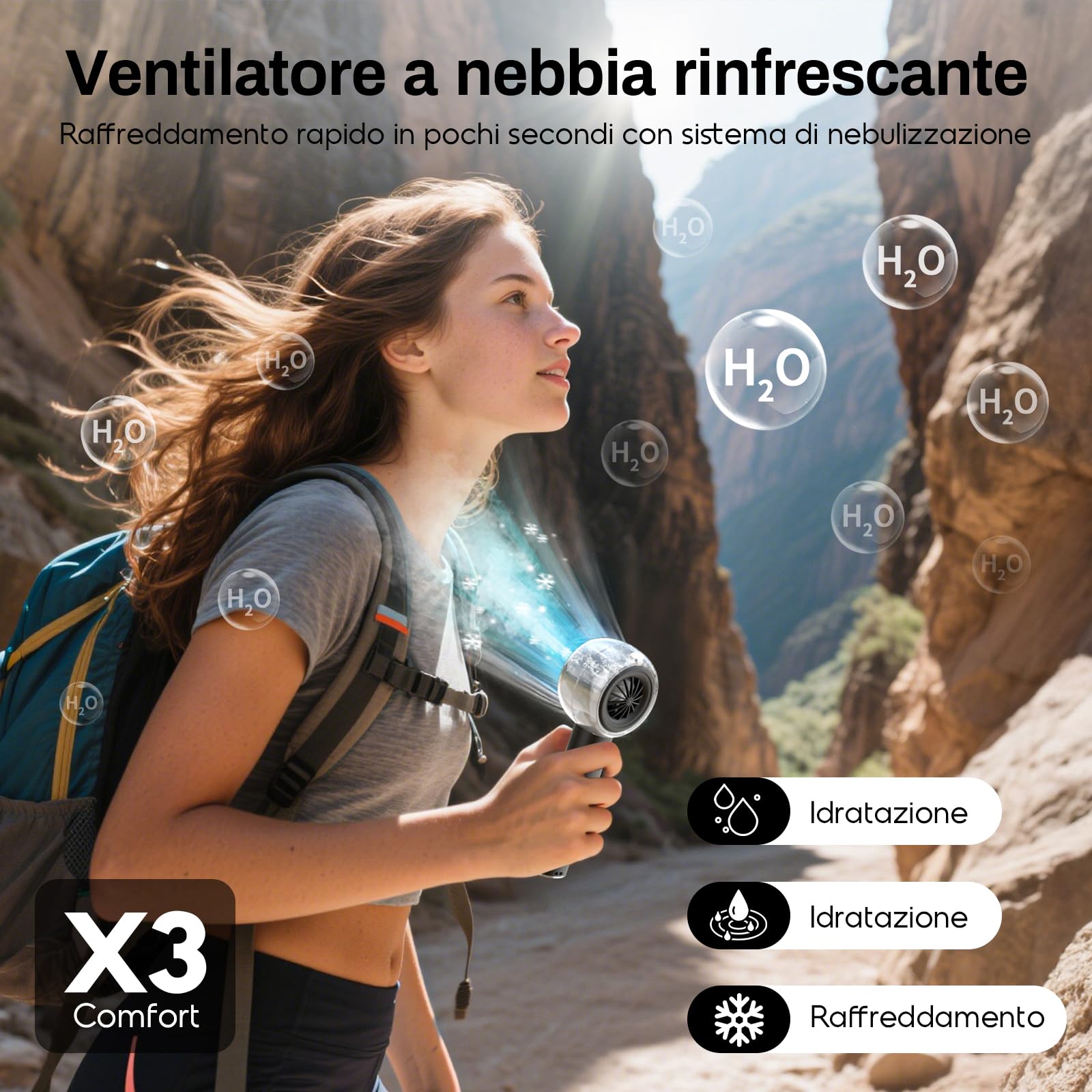 Ventilatore Portatile a Mano con Nebulizzatore, Mini Ventilatore USB Potente, Motore Turbo, Batteria Ricaricabile 6000mAh, 4 Velocità, per Viaggi, Outdoor, Idea Regalo Donna Uomo (Nero)