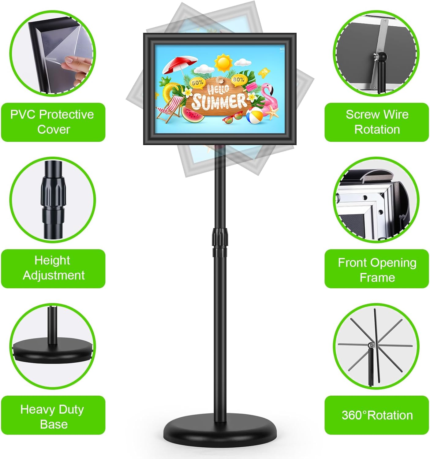 2Pack Sign Holder Display Stand, 8.5x11 inch Adjustable Heavy Duty Base Floor Standing Poster Stand Aluminum Snap Open Frame Horizontal/Vertical Display for Indoor/Outdoor Advertising - Image 4