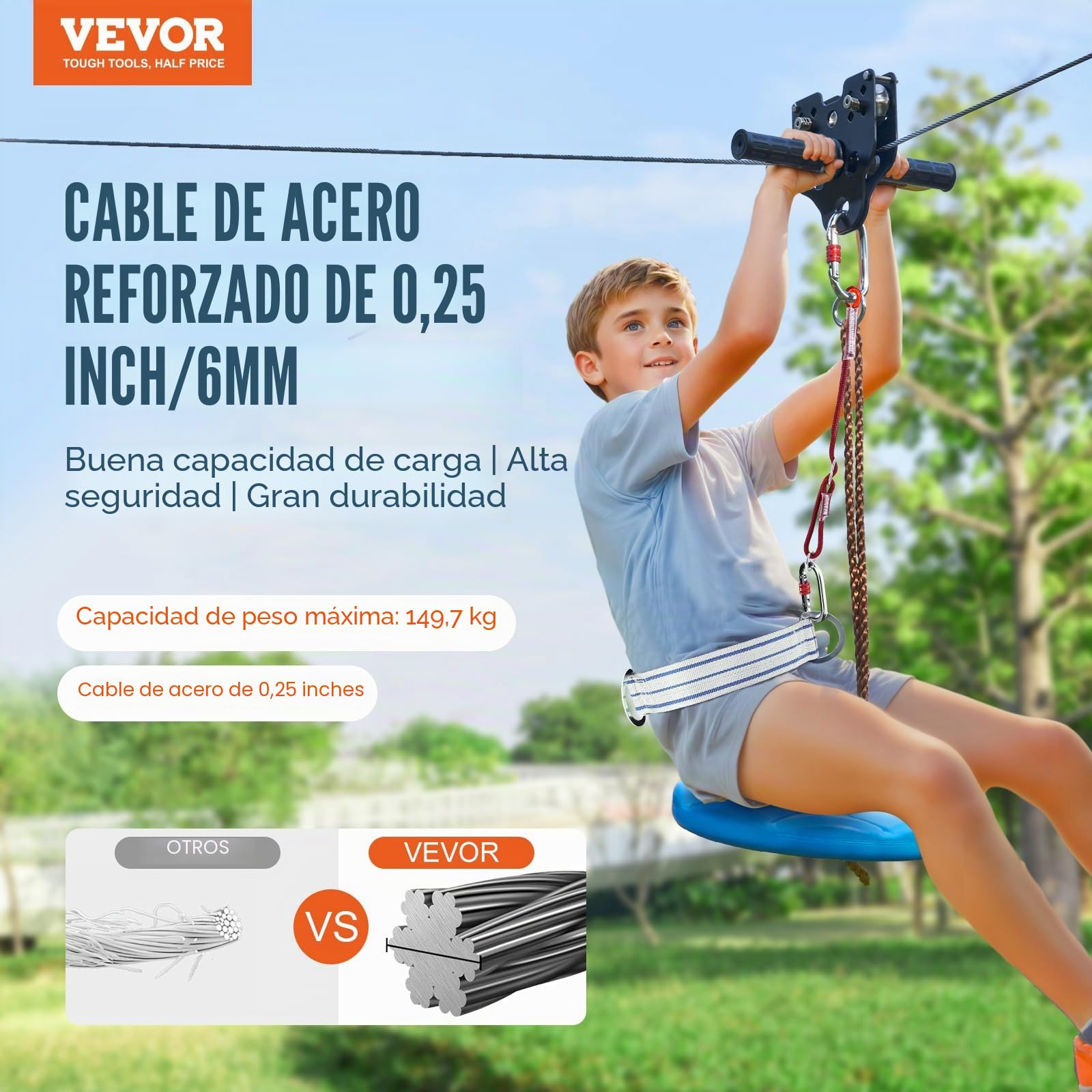 VEVOR Kit de Tirolesa de 36,6 m Carga de 150 kg, Fácil Configuración con Cinturón de Freno de Resorte y Arnés de Seguridad, para Jardín, Patio Trasero (Solo para Adolescentes, No Apto para Adultos)