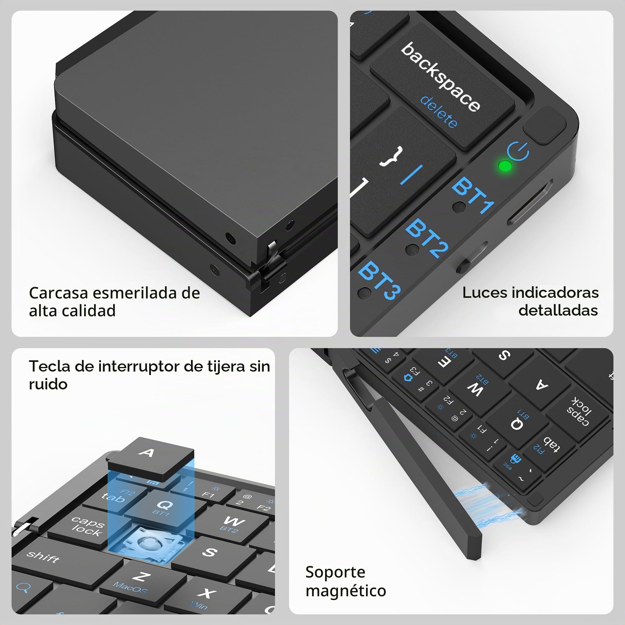 Inalambrico Plegable con Soporte, Teclado Bluetooth QWERTY Portatil para Viajes, Teclado para iPad/Ordenador portátil/Tableta/Smart TV, Compatible con Windows, iOS, Mac OS, Android (Negro)