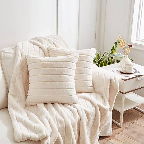 Juego de 2 fundas de cojín decorativas de piel sintética a rayas para sofá, dormitorio, automóvil, 18 x 18 pulgadas, beige y blanco