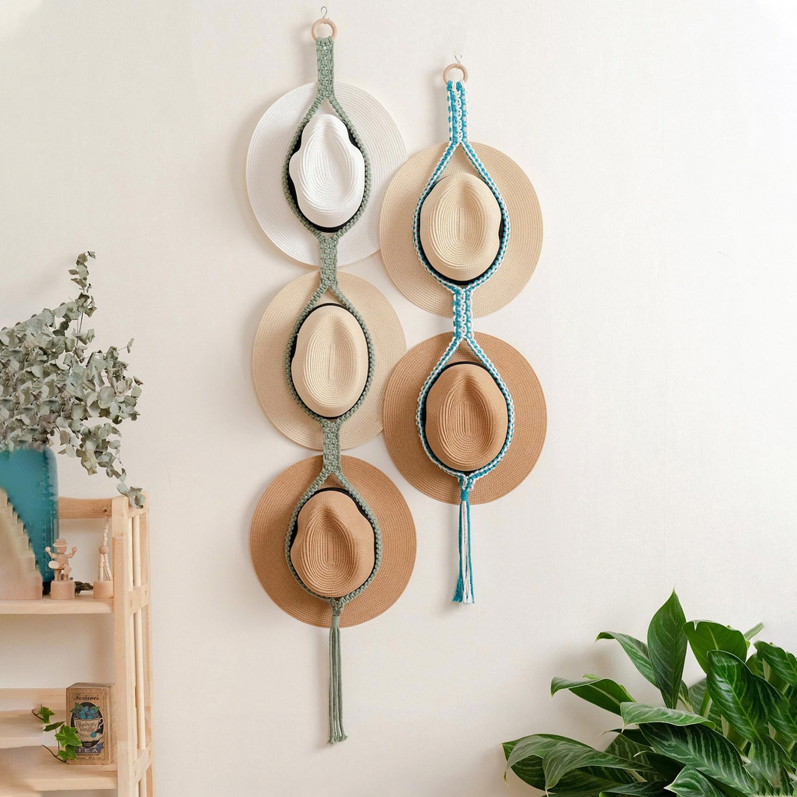 2Pack Hat Racks Hat Hangers per Parete, Boho Mano Tessitura Tappi Storage Display Organizer con Nappe Decorative,Ab
