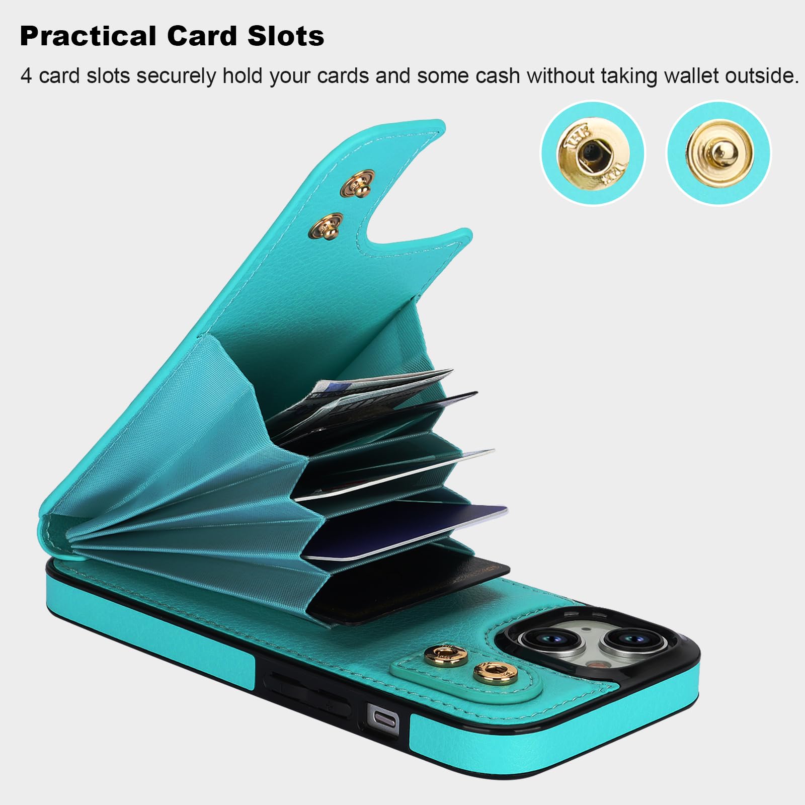 For IPhone 15 Pro Max Wallet Case With Card Holder, PU Leather Case Ring Holder Kickstand Snap Button Card Slots Case Women Men Iphone 15 Pro Max Crossbody Str