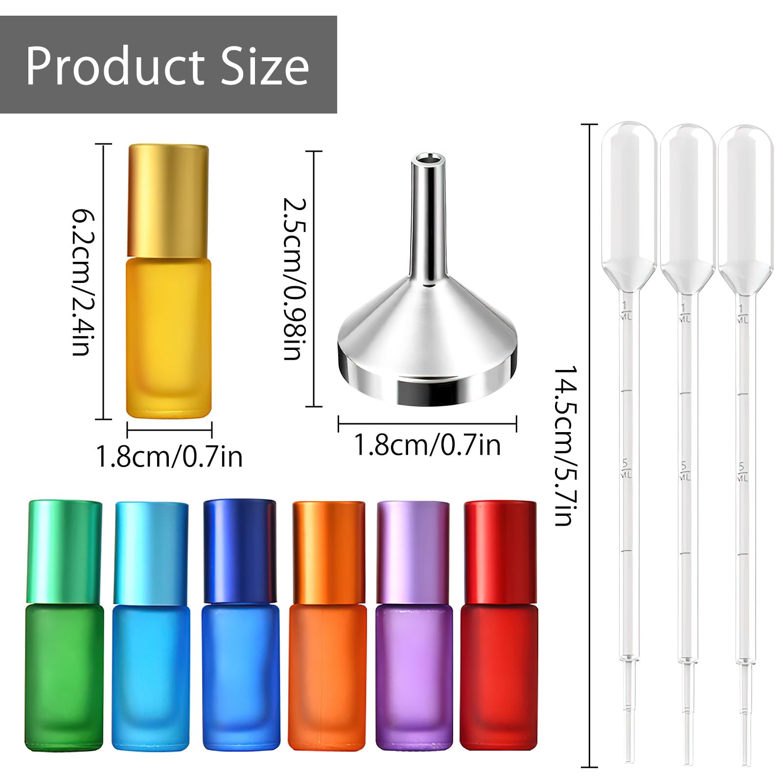 Botellas de cristal para aceite esencial 5 ml con rodillo de acero inoxidable, jeringas y embudo