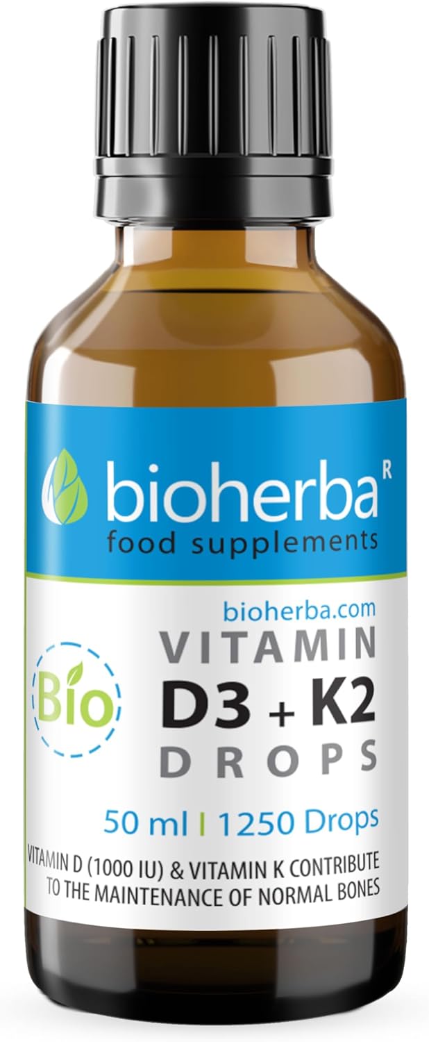 Vitamin D3 + K2 Drops by Bioherba – High Strength MK-7 & MCT Oil Formula | 1250 Drops | Vegan Liquid Supplement with No Additives