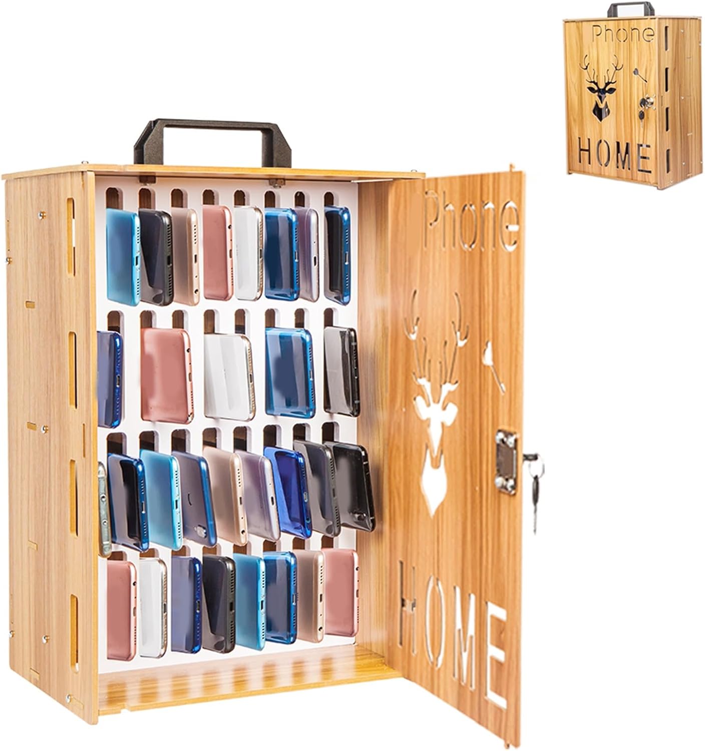 Phone Lock Box 16/36 Slots Wooden Cell Storage Cabinet Pocket Chart Jail with Handle and with Two Keys(Small)