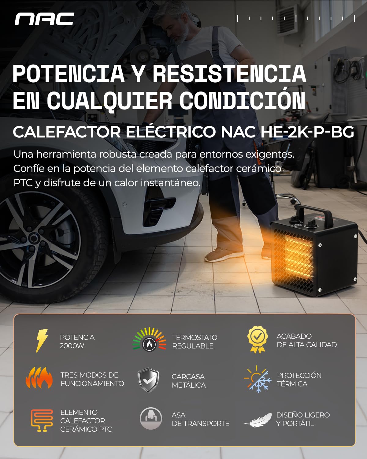 NAC Calefactor Ceramico Electrico 2000W - Calentador Electrico con 3 Niveles de Calefacción - Calefactor Portatil Industrial con Termostato, Cañon de Calor - Heater Electric para Garaje Taller Obra