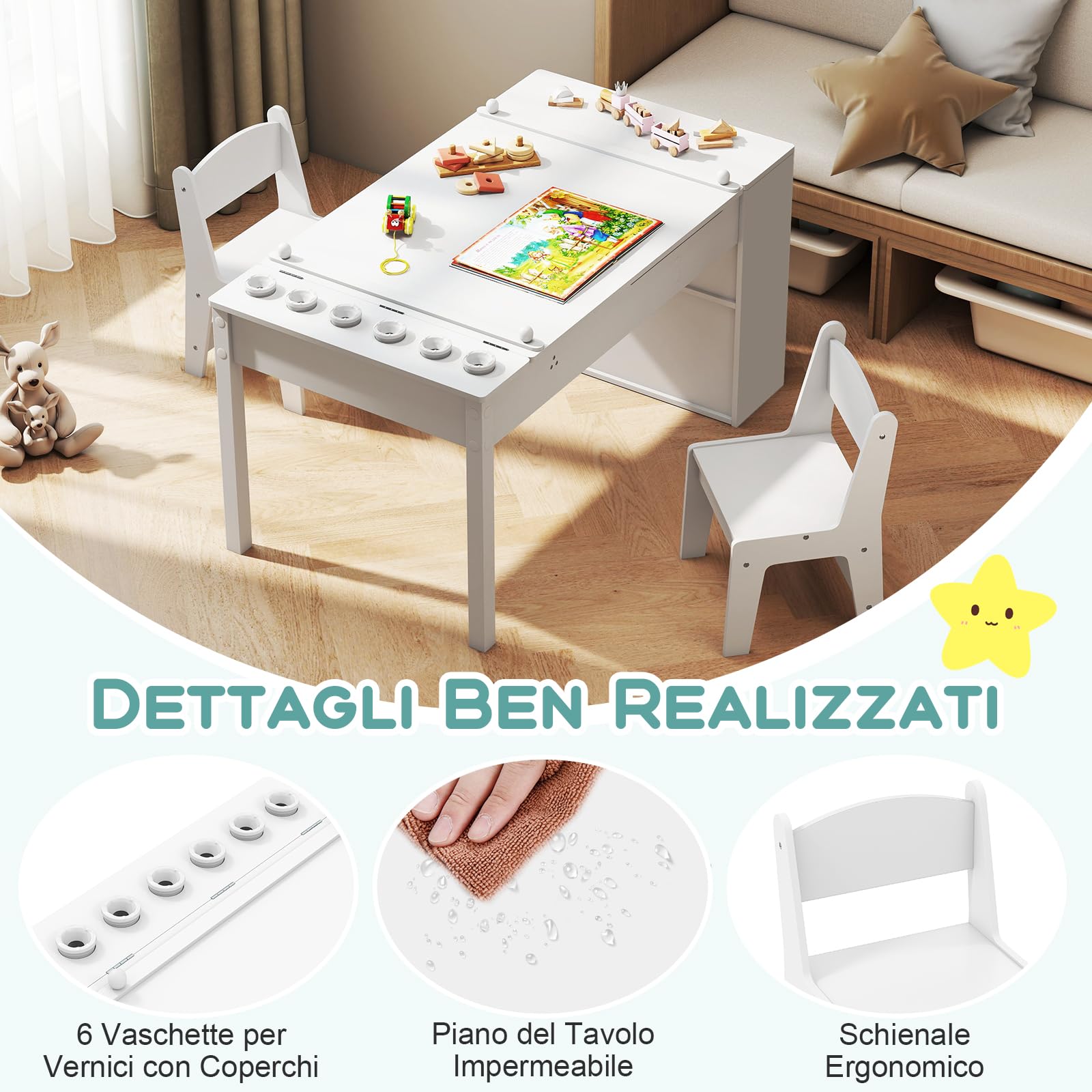 RELAX4LIFE Set Tavolino da Disegno e Sedie per Bambini, Scrivania con Piano Sollevabile, Rotolo di Carta, 6 Barattoli di Vernice e 6 Ceste di Tessuto, Tavolo Attività per Studio e Disegno (Bianco)