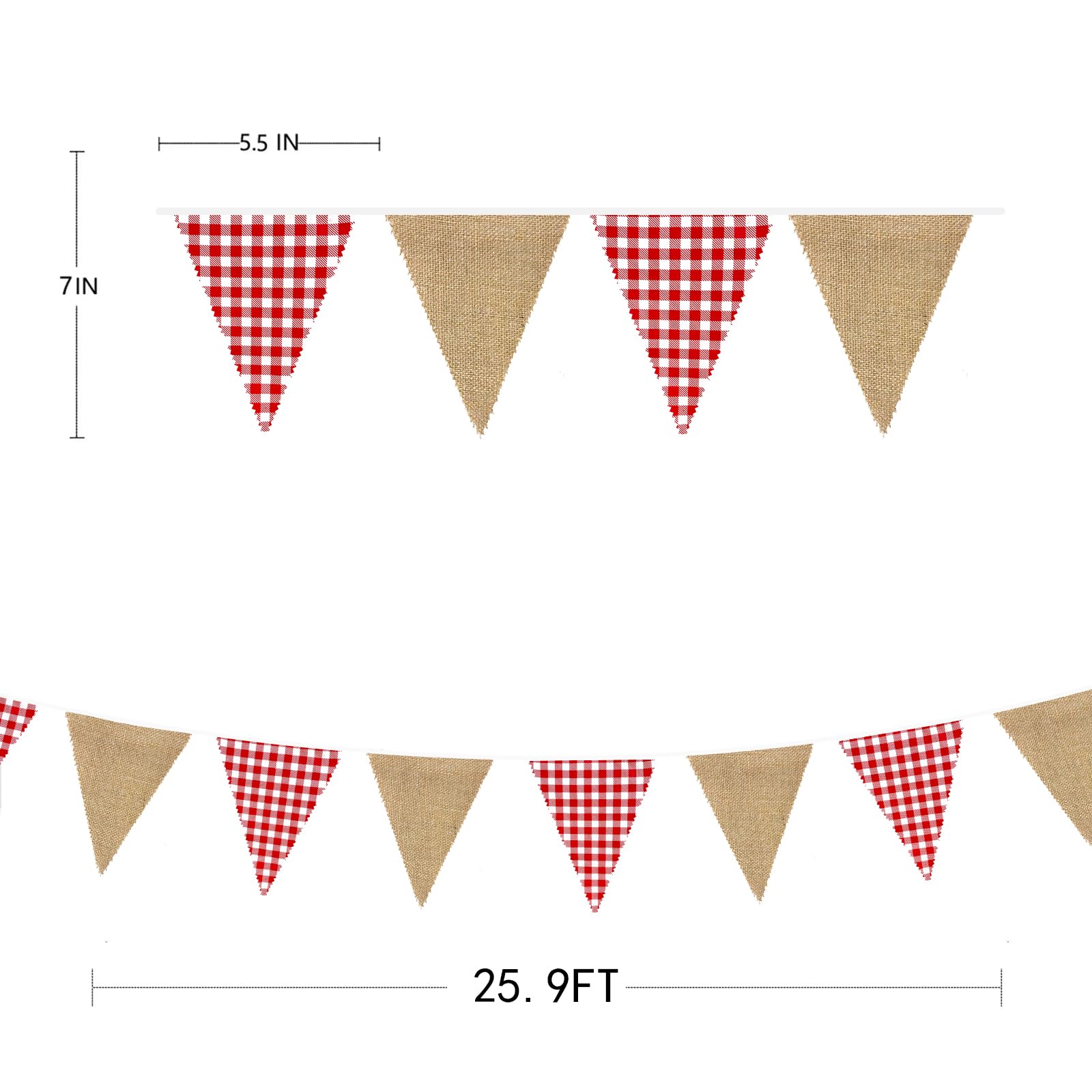 7,8 m rotes kariertes Jute-Banner, rot kariert, Wimpel, Dreieck-Flagge, Girlande, Luftschlangen, Vintage-Kamin, Wandbehang für rustikale Geburtstag, Hochzeit, Babyparty, Verlobung, Boho, Picknick,