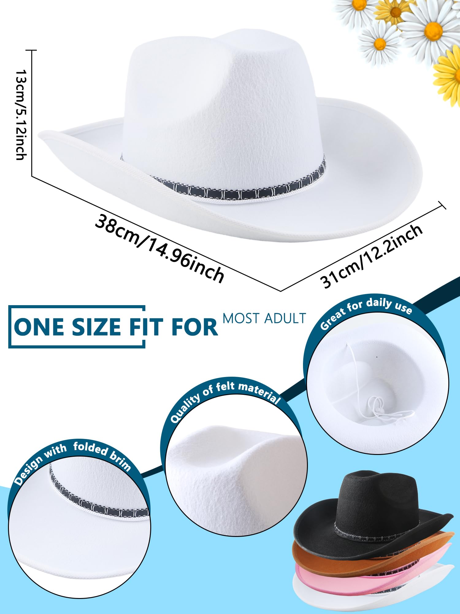 SGBETTER 4 Pcs Adult Felt Cowboy Hats Wide Brim Cowgirl Hat Western Cowboy Hat for Women Men Birthday Bachelorette Dress Up Party (Color Set 2)