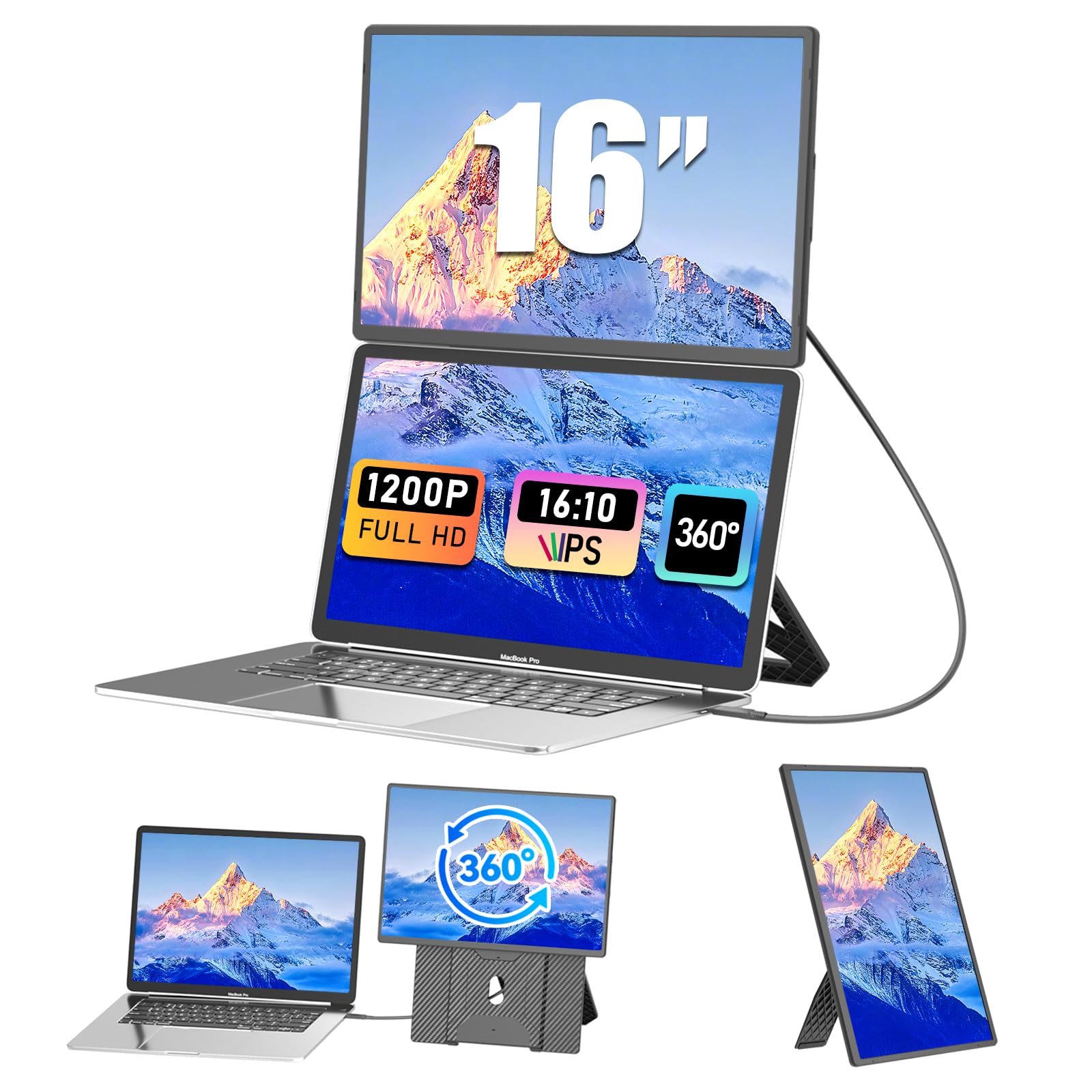 Monitor Portatile per Laptop 16", Schermo Portatile Full HD 1920x1200 IPS 16:10, Doppio Schermo PC Portatile per Laptop 13-17.3", Connettività USB C e HDMI per Windows/Mac/Android/Switch/PS5