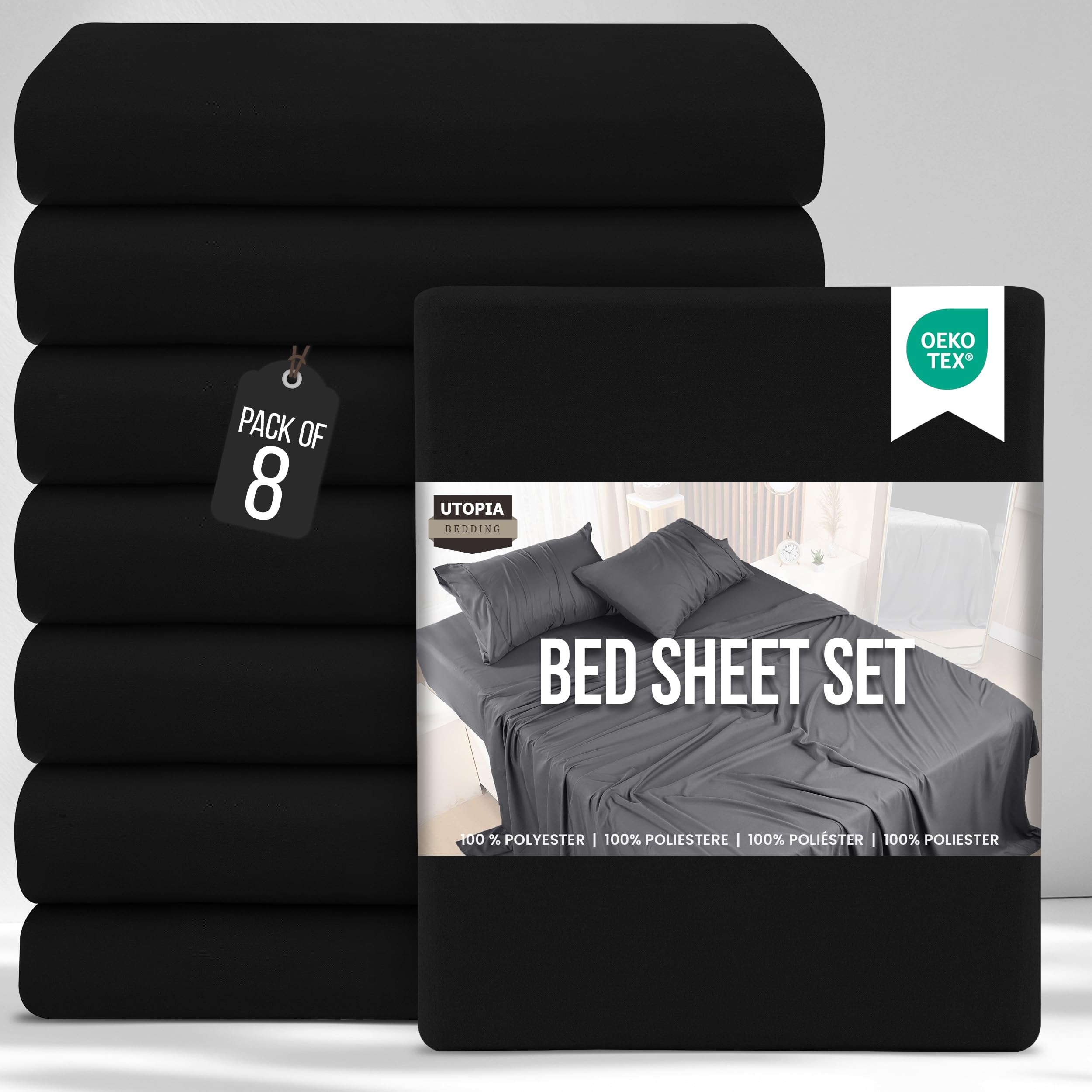 Utopia Bedding Bed Sheets Set Bulk Pack of 8 (Double, Black) – Fitted Sheet, Flat Sheet with Pillow cases 50x75 – Wrinkle, Shrinkage & Fade Resistant – Soft Brushed Polyester Microfiber Fabric — image 1