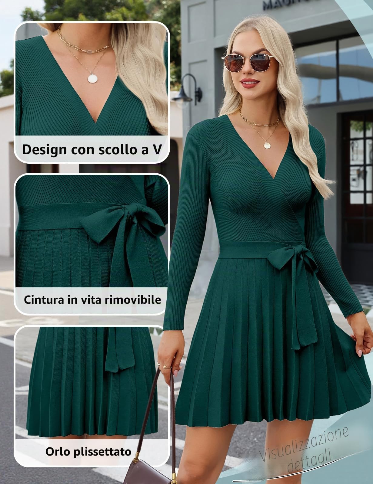 heekpek Abito Elegante Donna Invernale Scollo a V Vestito Donna Maniche Lunghe Abito di Maglia Sexy Abiti Linea A Vita Alta Mini Vestito con Cintura
