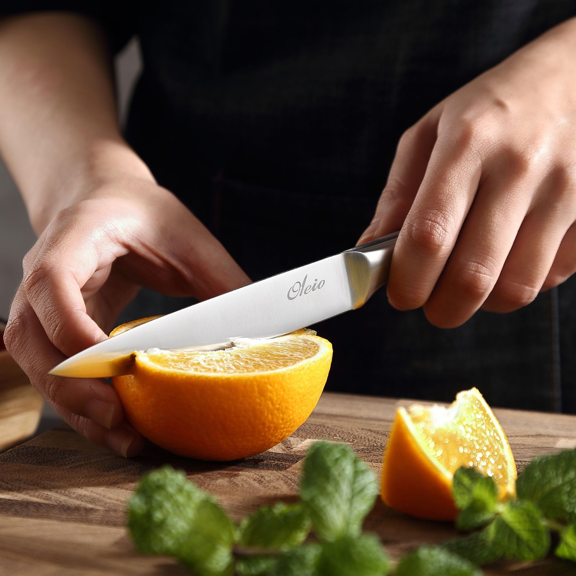 Oleio Maestro Bloc à Couteaux 5 Pièces en Acier Inoxydable avec Bloc en Bois d’Acacia et Aiguiseur Intégré | Couteaux de Cuisine Professionnels pour Viande, Légumes et Pain