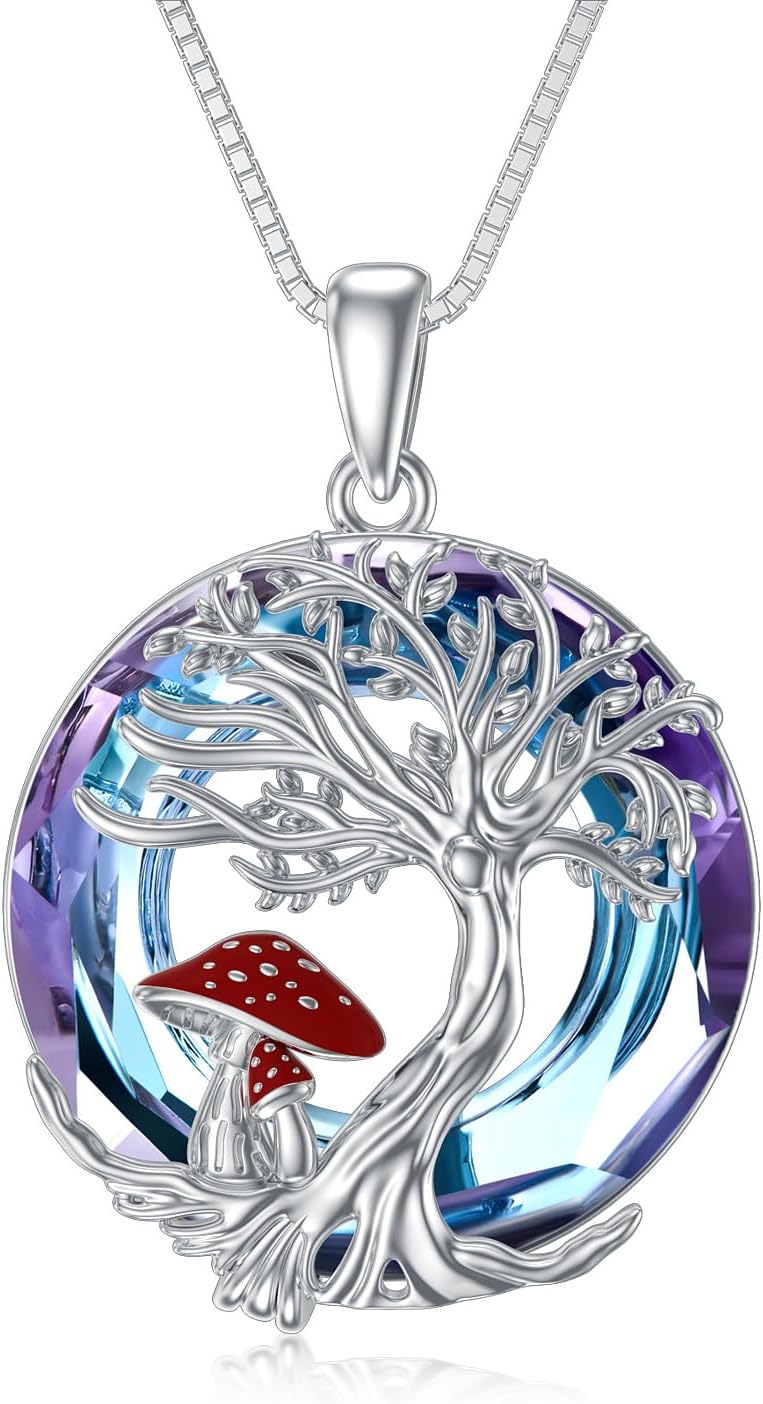 Tree of Life Mushroom Necklace 925 Sterling Silver Tree of Life Animal Crystal Pendant Necklace Birthday Christmas Jewelry Gifts for Women