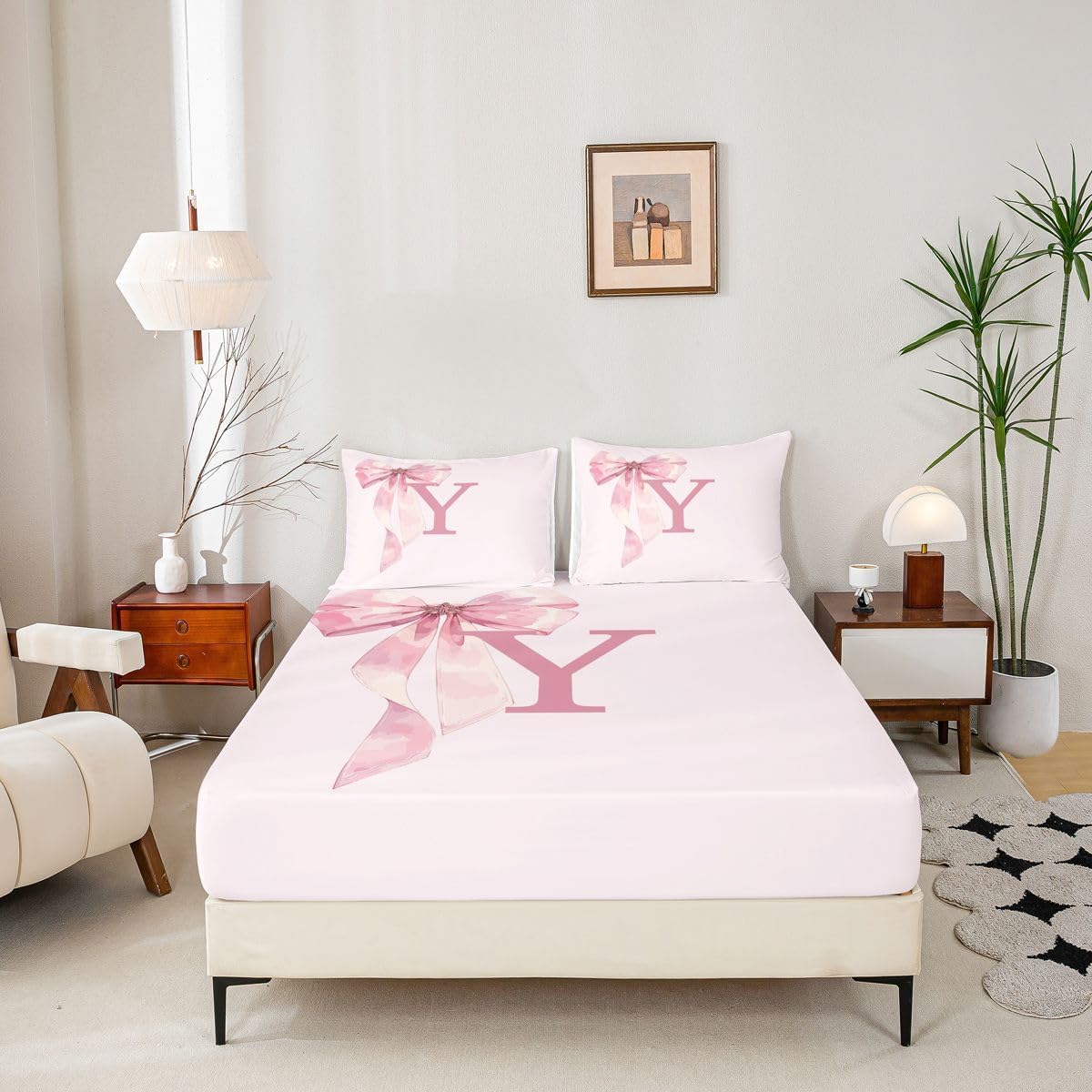 jejeloiu Pink Bow Initials Y Bedspread King Size Cute Bowknot Coverlet Set Alphabet Letter Quilted Coverlet for All Season with 2 Pillowcases ABC Letter Microfiber Lightweight