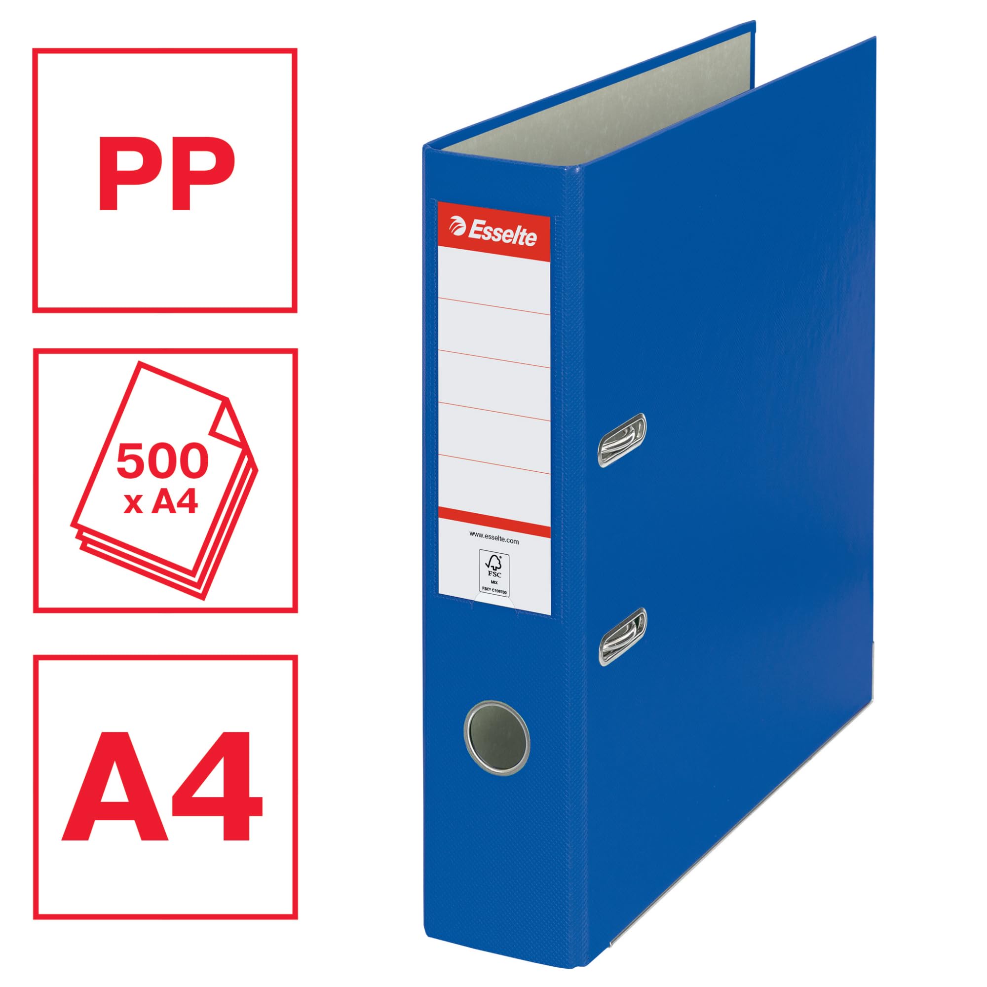 Esselte 624291 - Archivador de Palanca con Anillas Essentials, de PP, Mecanismo Estándar, con Capacidad de 500 Hojas A4, 3 Unidades, Azul, 75 mm, Certificado FSC, Etiqueta en el Lomo Reemplazable