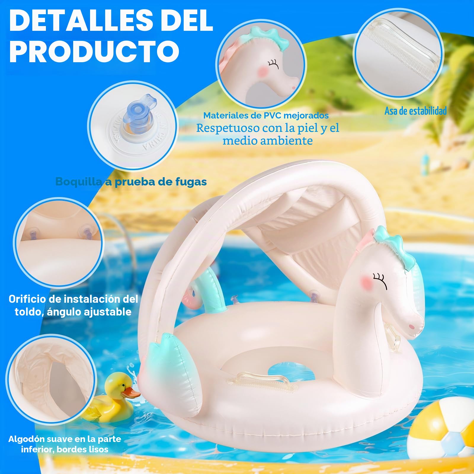 Flotador De Bebé Con Toldo UPF 50+ Y Antivuelco, Asiento Acuático Para Niños De 6 A 36 Meses (8-16 Kg), Talla L