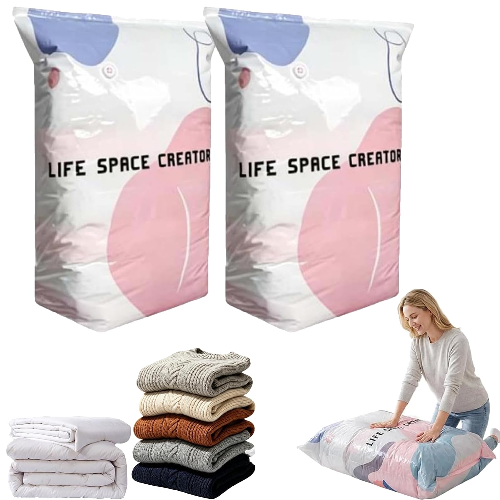 Vacuum Storage Bags No Pump, 3D Compression Bags – Roll Up Airtight Storage Bags for Clothes, Duvets, Bedding & Travel, Reusable Space Saver Compression Bags, Wardrobe & Suitcase Organiser (2*L)