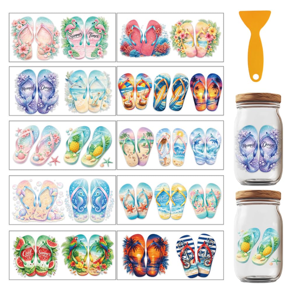 GOMAKERER 23 Pcs Beach Slippers UV DTF Cup Wraps, 10 Sheets Flower Leaf Slipper Cup Wraps Summer Ocen Waterproof Rub on Transfer Reusable DIY Vinyl Decals for for Glass Cups Furniture