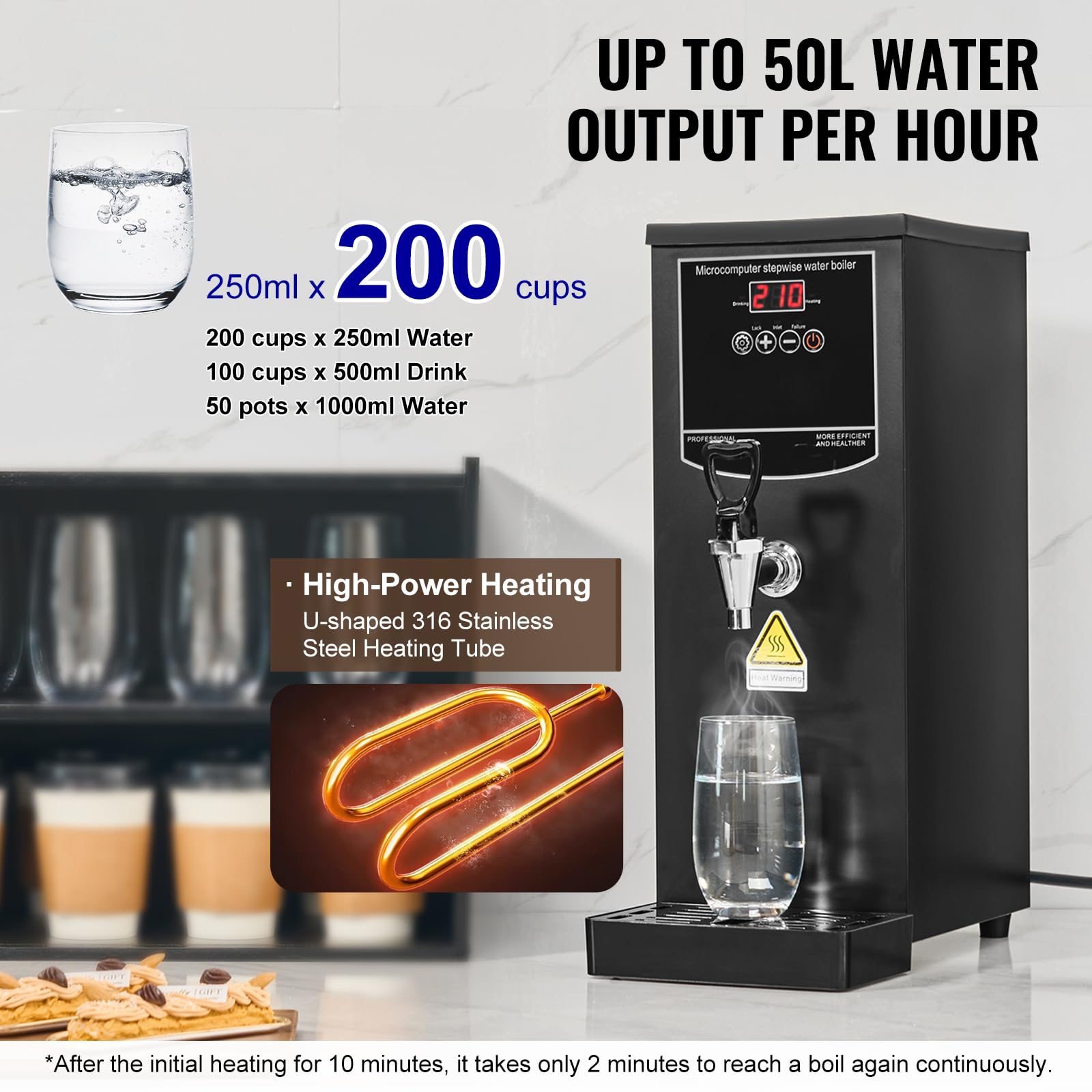 Happybuy Commercial Water Boiler, 50L per Hour Fast Heating, Electric Hot Water Dispenser, 1500W, 316 Stainless Steel Heating Tube, Step-by-step Heating, for Coffee, Tea, Restaurant, Office