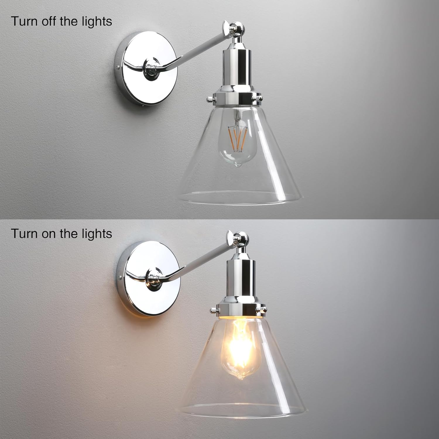 PERMO Industrial Vintage Slope Pole Wall Mount Single Sconce with Funnel Flared Clear Glass Shade Chrome Wall Sconce Light Fixtures