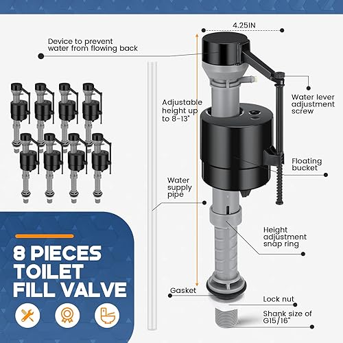 Miniatura 2 de Lasnten Kit de reemplazo de válvula de llenado de inodoro de 8 piezas, kit de reemplazo de válvula para control de agua de tanque y tazón