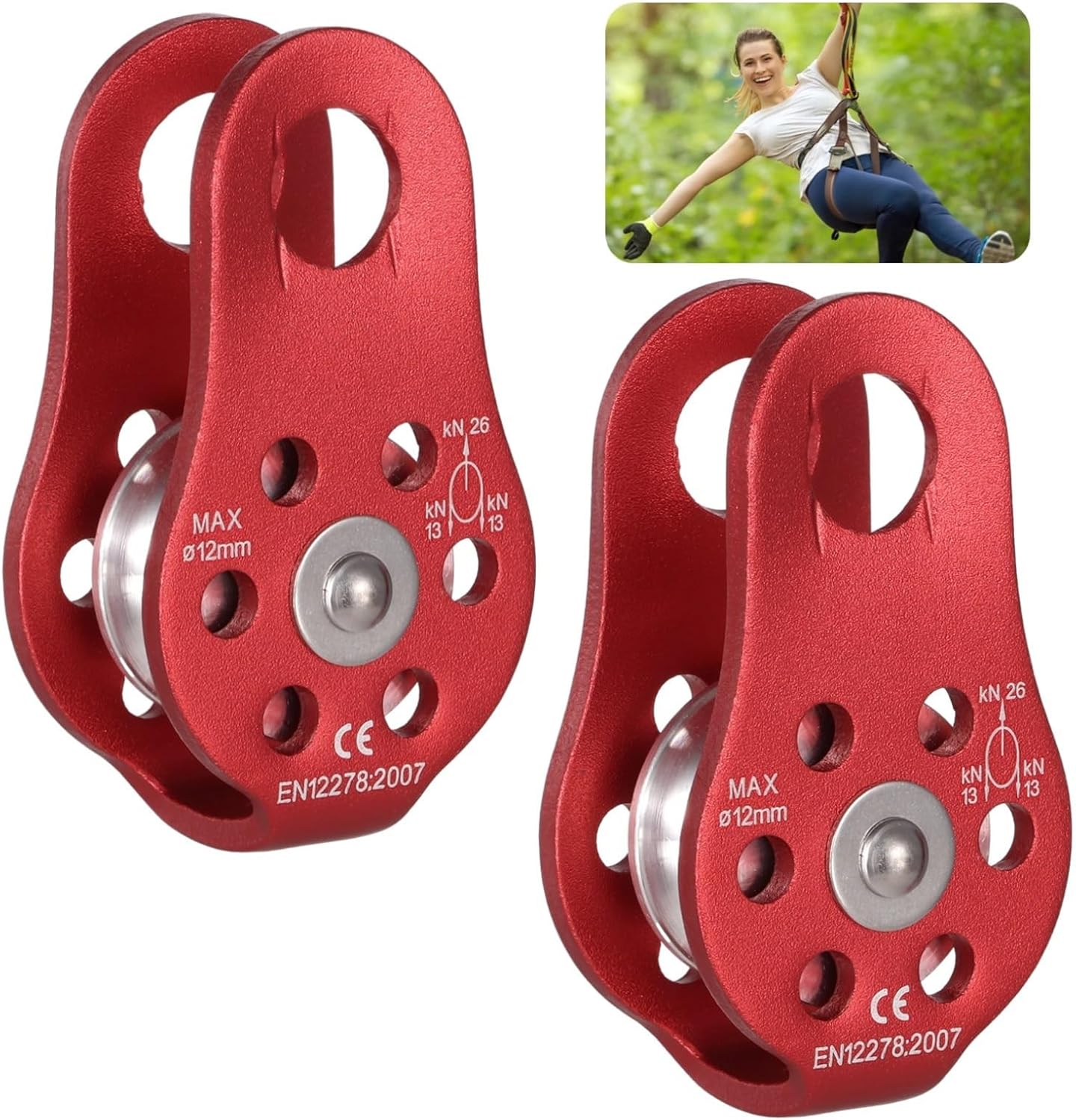 2-Piece Heavy Duty Micro Pulley Set, 26 Kn Aluminum Rope Pulley for Climbing and Rescue
