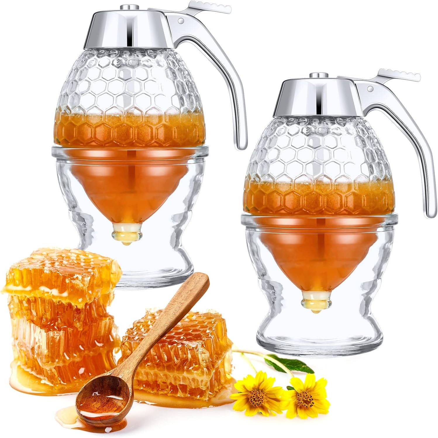Eccliy 2 Pcs 8 Oz Glass Honey Dispenser Dripless with Stand Glass Maple Syrup
