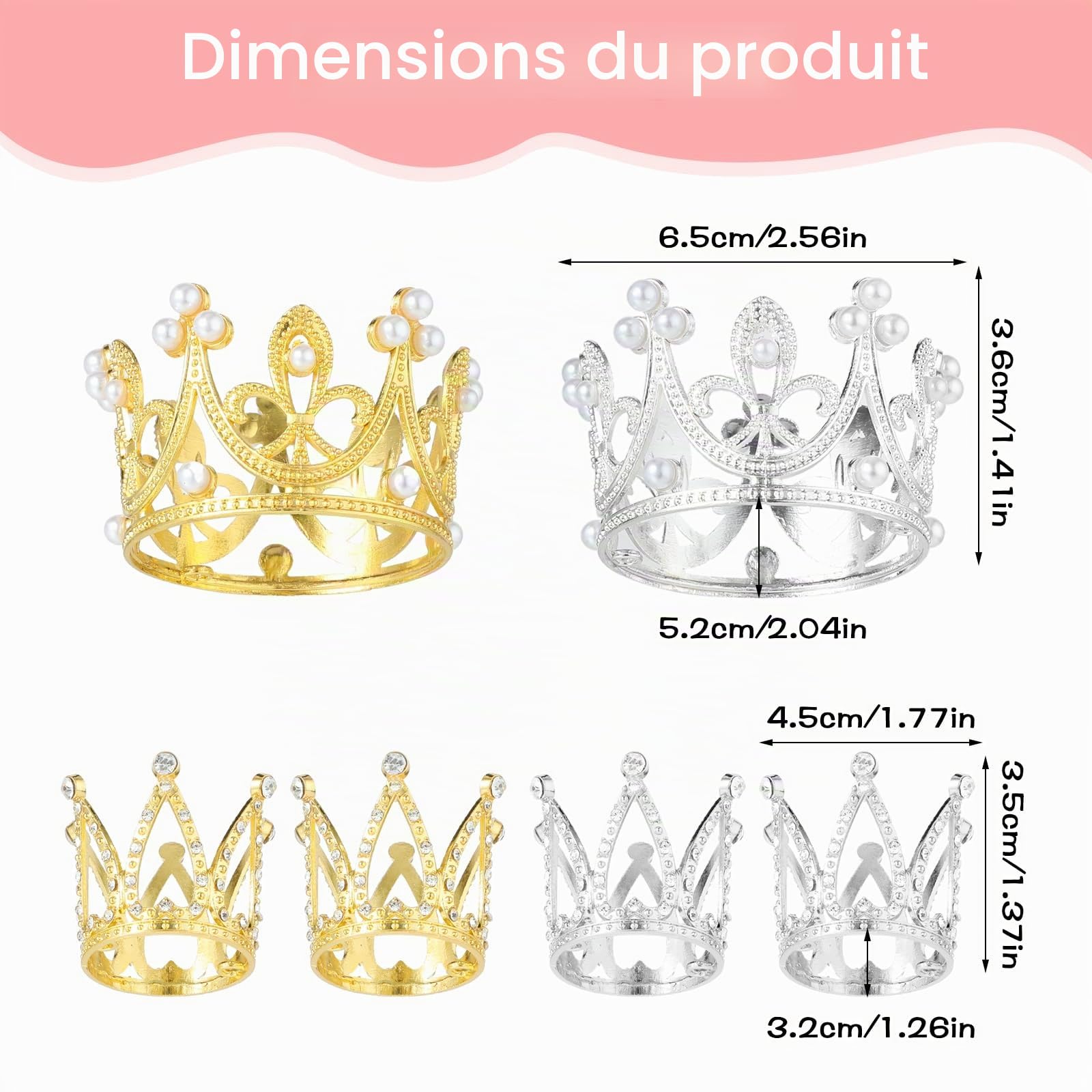6 PCS Mini Couronne Gâteau Toppers Or Argent Couronne Cupcake Toppers Petite Couronne Diadème Gâteau Toppers pour Anniversaire Mariée Mariage Royauté Thème Décoration de Fête Fournitures
