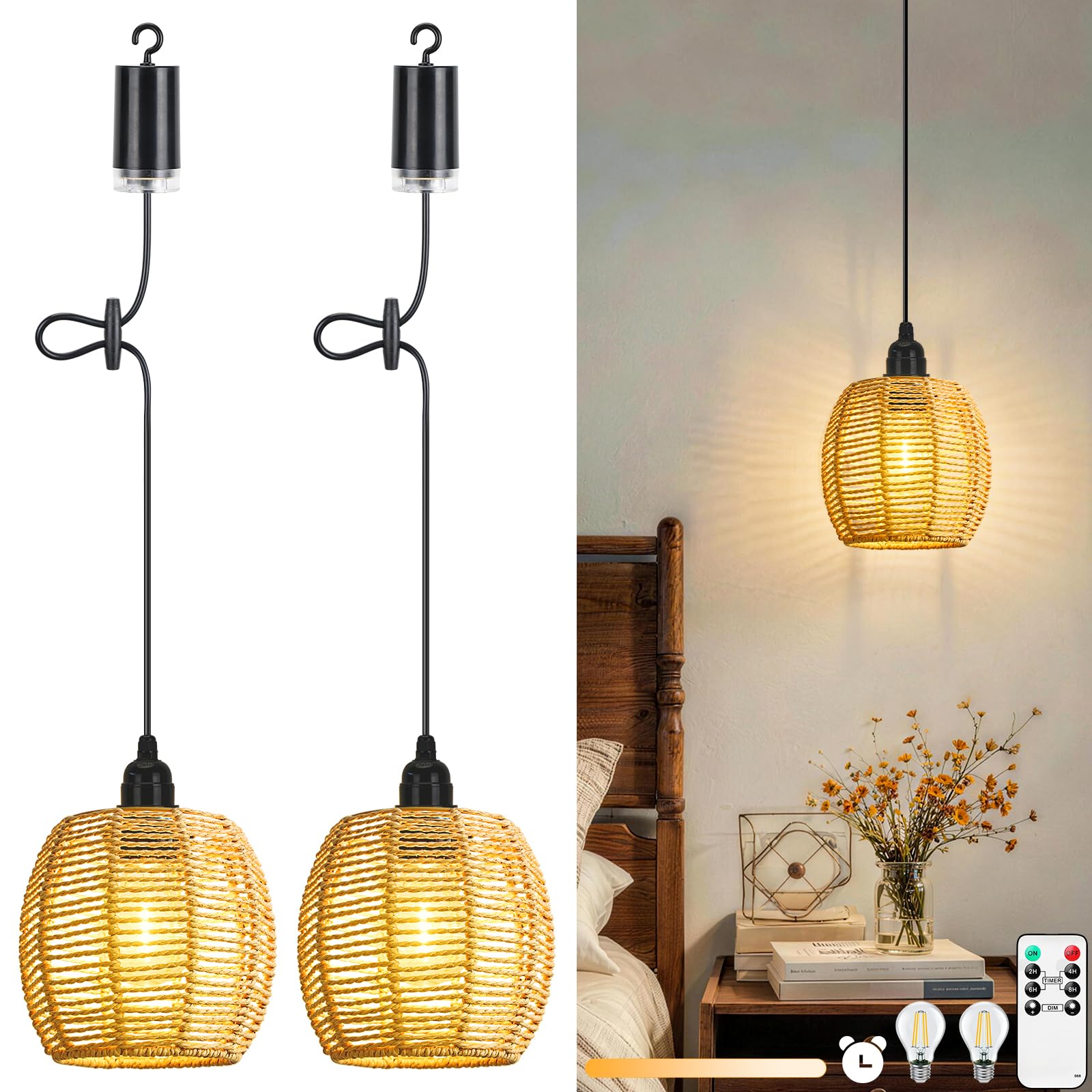 2 Lámparas Colgantes con Batería, Lámpara Exterior Techo Ratan IP65, Lampara Colgante Pilas con Mando y Bombilla Dimmable, Lámpara Colgante sin Cables para Terraza Jardín Salón Comedor