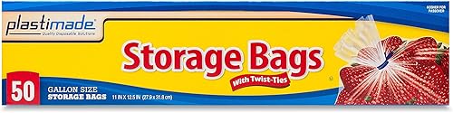 Miniatura 2 de Plastimade Bolsas de almacenamiento de plástico desechables con lazo original de torsión, tamaño de 1 galón, 100 bolsas, ideales para el hogar,