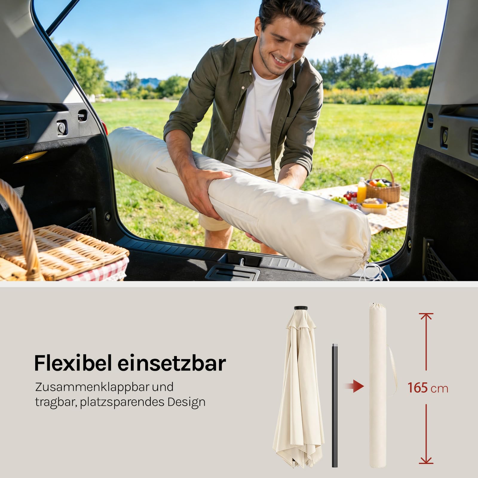 WOLTU Sonnenschirm 300 cm mit Led-Solar-Beleuchtung, UV-Schutz 50+, Gartensonnenschirm neigbar, mit Schutzhülle Kurbel, für Balkon Garten Terrasse, Beige