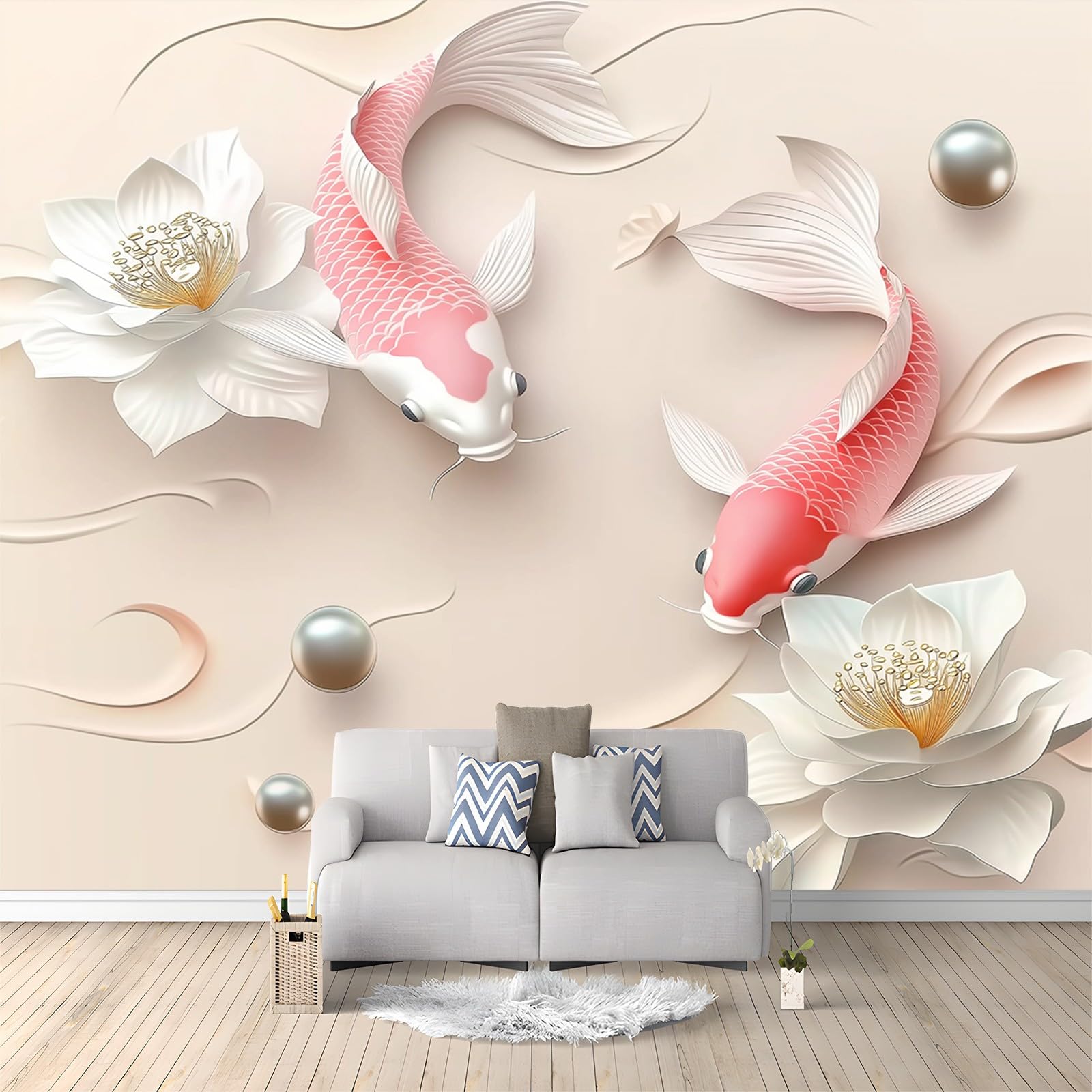 Photo Wallpaper 350 x 256 cm 3D Effect Murals Wallpaper Luxury Carp Flower Poster Wallpaper Decoration for Bedroom Dining Room Kitchen and kidsroom Cream Art Mural Wallpaper