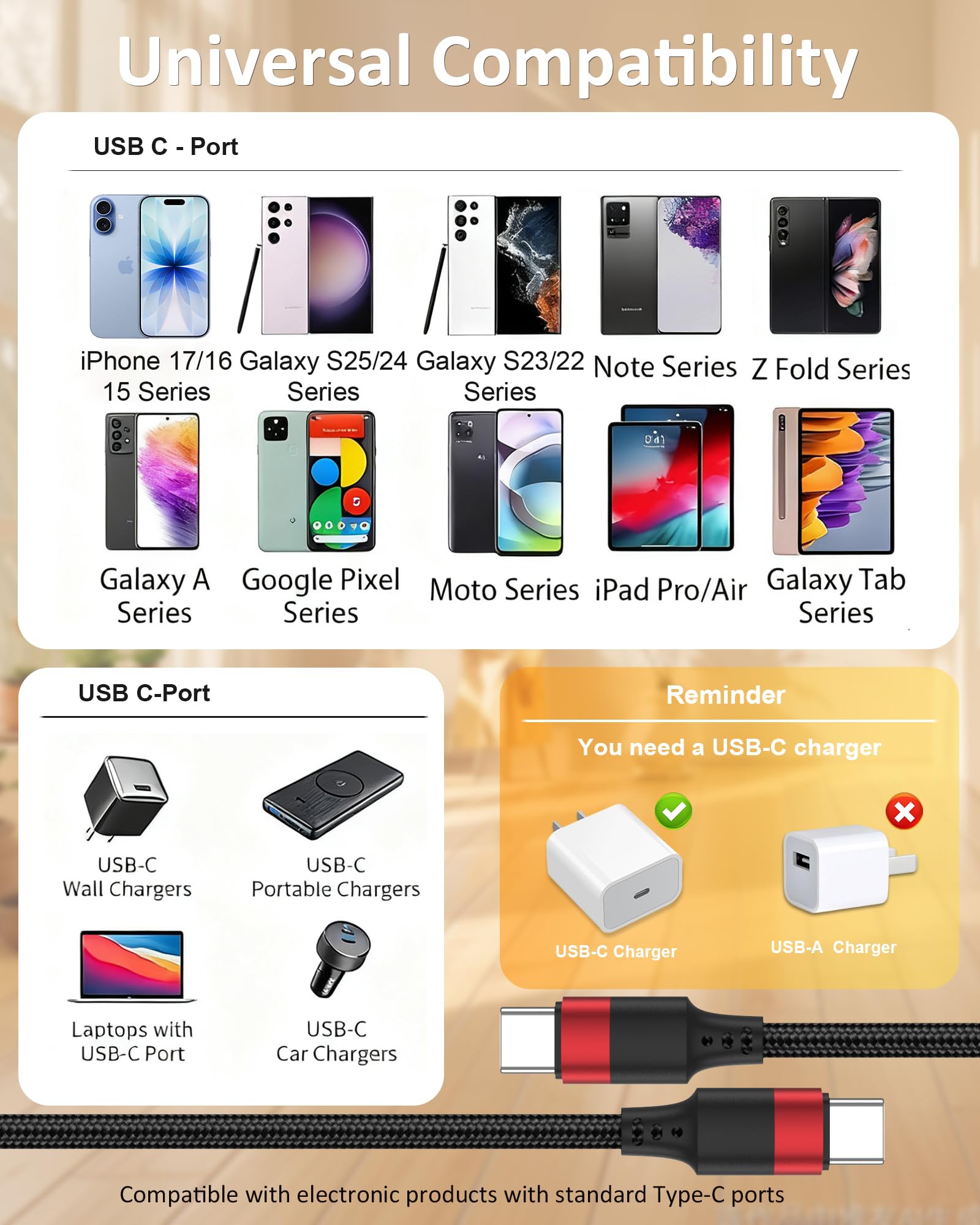 Cavo da USB C a USB C da 0,9 m, confezione da 3 cavi da USB C a USBC, cavo intrecciato USB C da 0,9 m, ricarica rapida per iPhone 16, 15, Samsung Galaxy S24, S23, S22, Note 20, A50, Moto, LG, iPad Pro