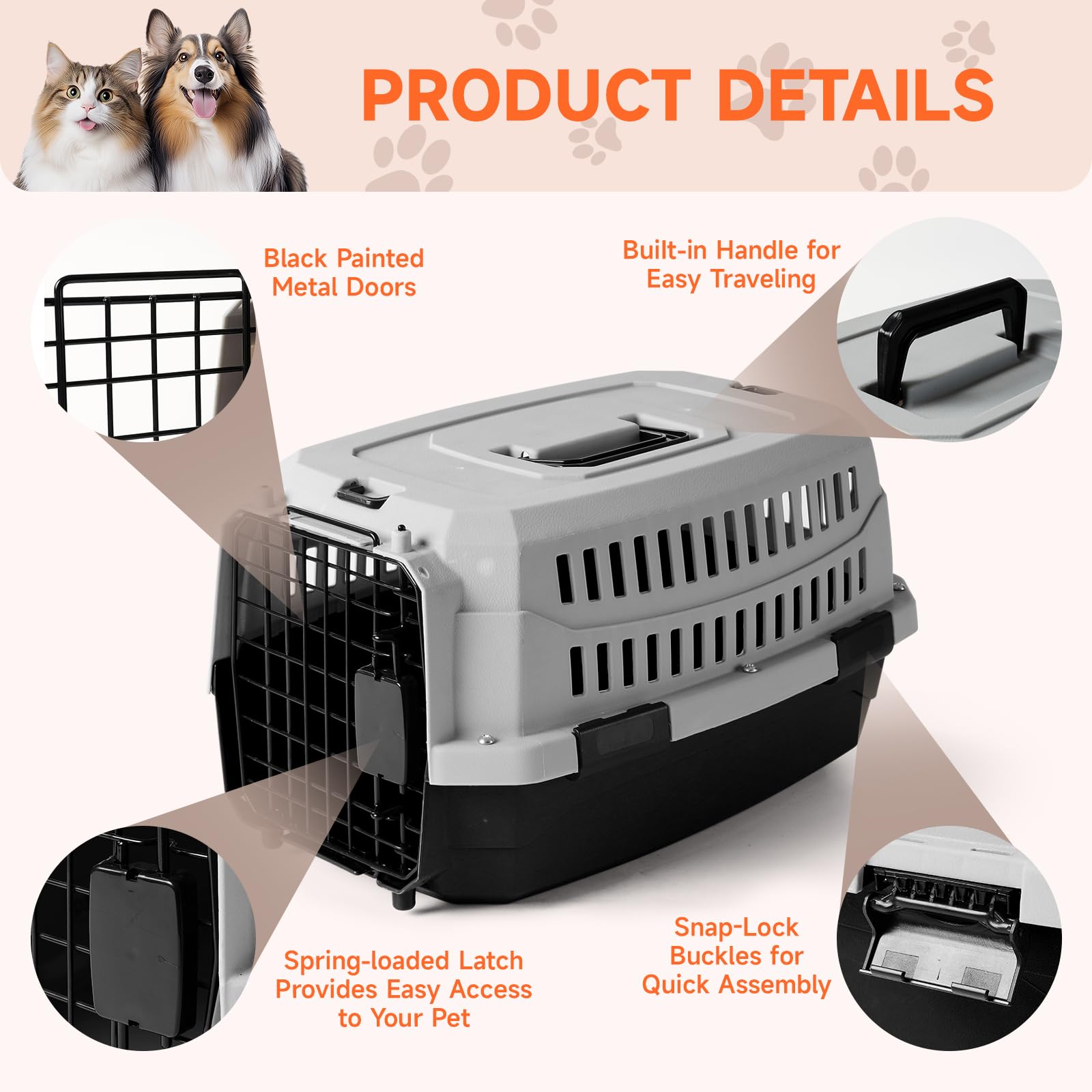 Nobleza Transportin Gato Perro Pequeño,Transporte Portátil y Transpirable para Mascotas,Transporte de Plástico para Perros,47 * 31 * 26CM,Negro & Gris