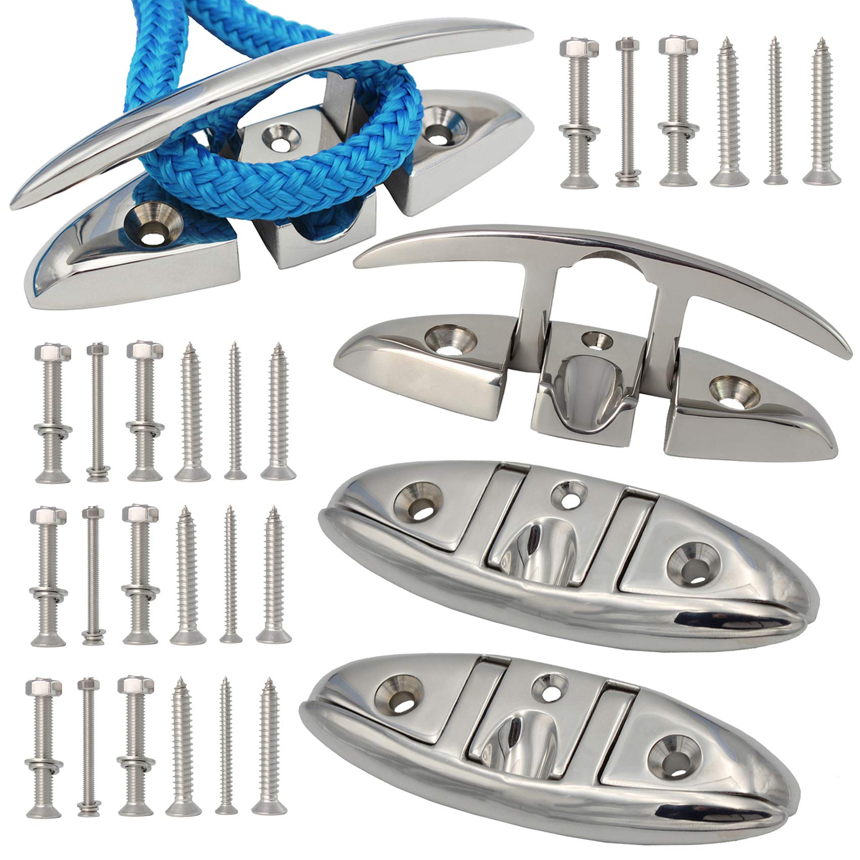 316 Stainless Steel Boat Folding Cleats Boat Dock Cleats 5/6/8.5 inch, Flip up Dock Cleat for Deck and Boat, Dock Cleats Folding Cleat Rope Cleat Boat Cleats with Fasteners (1,2,4,6 Pack)