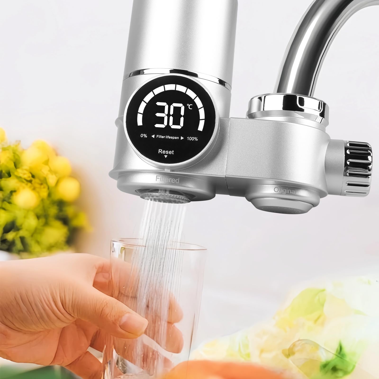 Filtre à eau pour robinet avec affichage LED, filtre à eau robinet filtre à eau potable élimine le chlore, les métaux lourds, stérilisation UV filtre à eau du robinet (avec filtre) pour cuisine