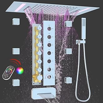 HOMEDEC LED Multi Functions Full Body Shower System with 6pcs Body Jets Spray with（Up/Down ）Shower Spout, Large 3 In 1 Modes 14x20inch Showerhead, Rainfall Mist Shower Faucet Set Complete, Chrome