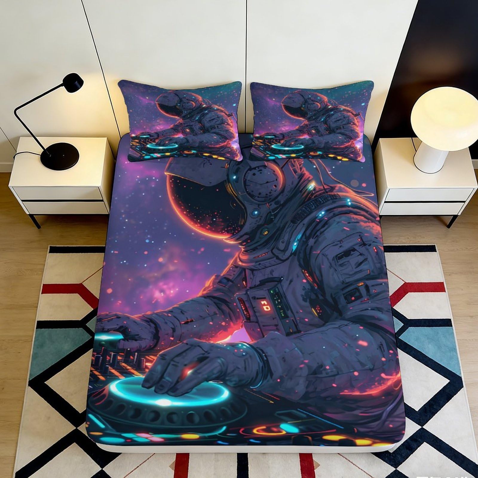 3D Printed Astronaut DJ Fitted Sheet Microfiber Anti-Slip Space Music Mattress Cover for Bedroom Dorm Decor Easy Care 160x200x25cm