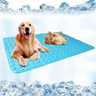 VASLON Pet Cooling Mat,Summer Kennel Bed Pad For All Dogs, Cats with Pet Toy Ball Travel Cool Cushion Pad,Patented Pressure-Activated Gel Cooling Pad for Dogs & Pets - Dog Accessories to Help Your Pet Stay Cool This Summer - Avoid Overheating, Ideal for Home & Travel 102 x 70cm(40 x 27.5 inch),Blue (Large)