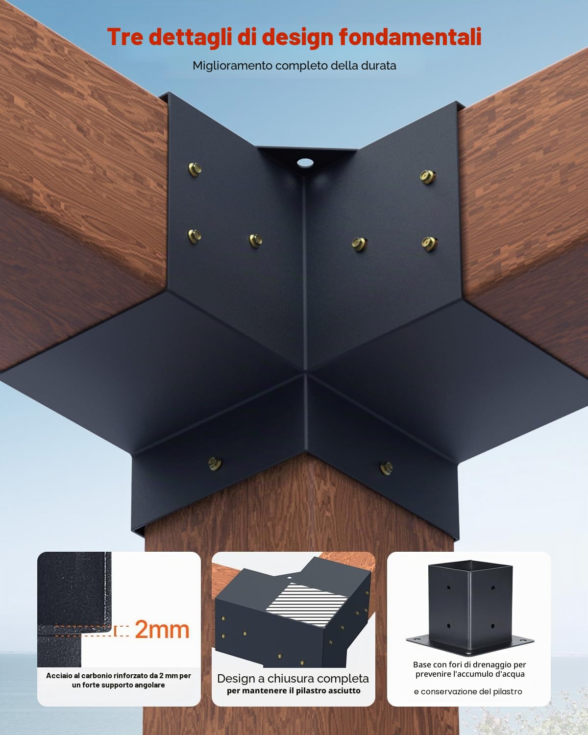 VEVOR Kit Staffe per Pergolato, ca. 101,6 x 101,6 cm Adatto per 92 x 92 mm, Staffe Angolari Resistenti a 3 Vie, Kit Base per Pali in Legno, Travi in Legno di Facile Installazione per Gazebo, Baita