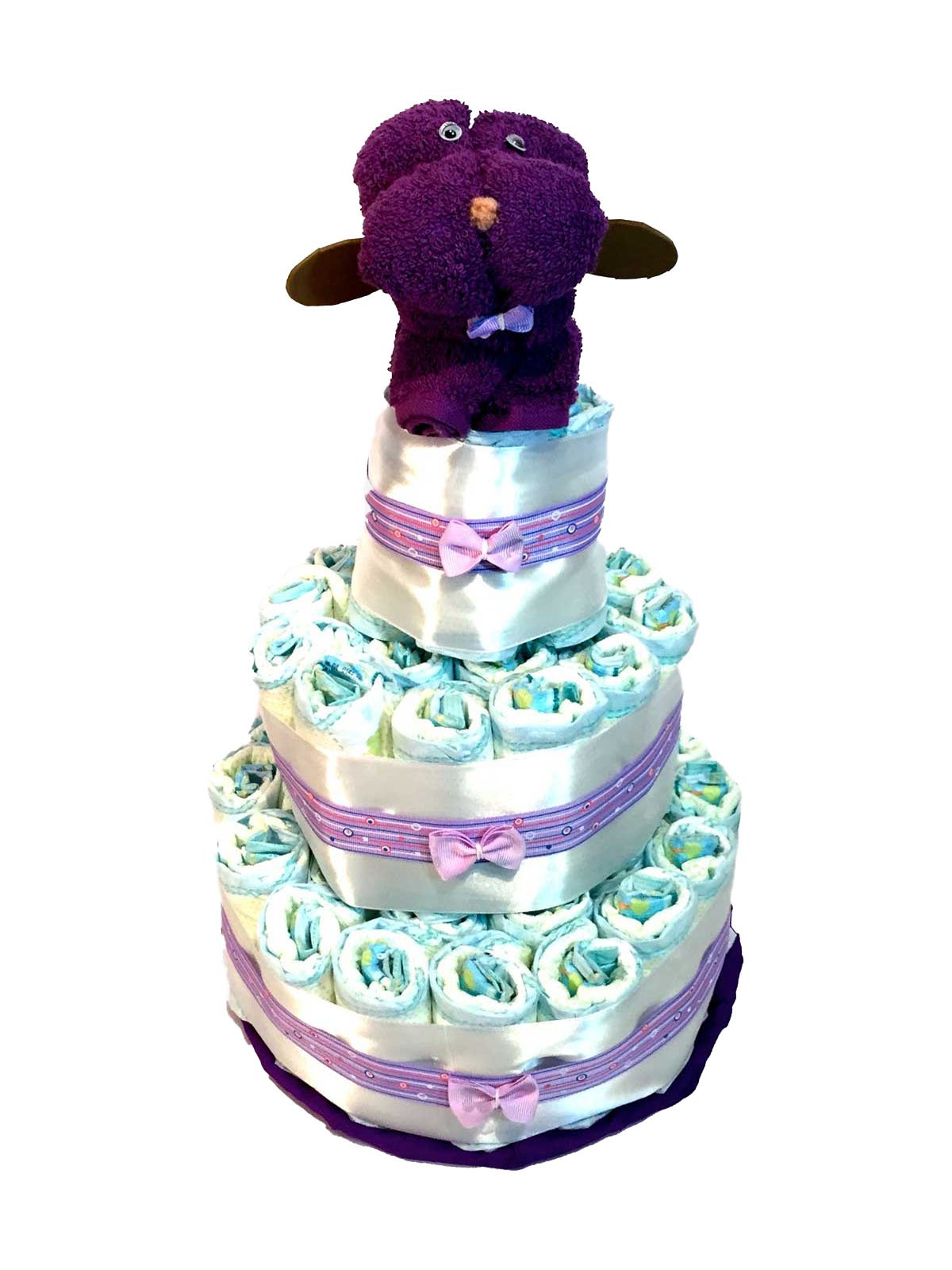 Tarta de pañales perrito de toalla morado (Talla 2 (3-6 kg)) by MomentosGourmet Añade tu dedicatoria personalizada. Regalo para bebé muy práctico. Cesta Canastilla recién nacido. Diaper Cake