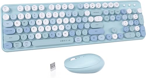 Miniatura 18 de UBOTIE Teclado inalámbrico colorido para computadora y mouse óptico, teclas flexibles, teclado de tamaño completo de oficina, conexión sin Té de